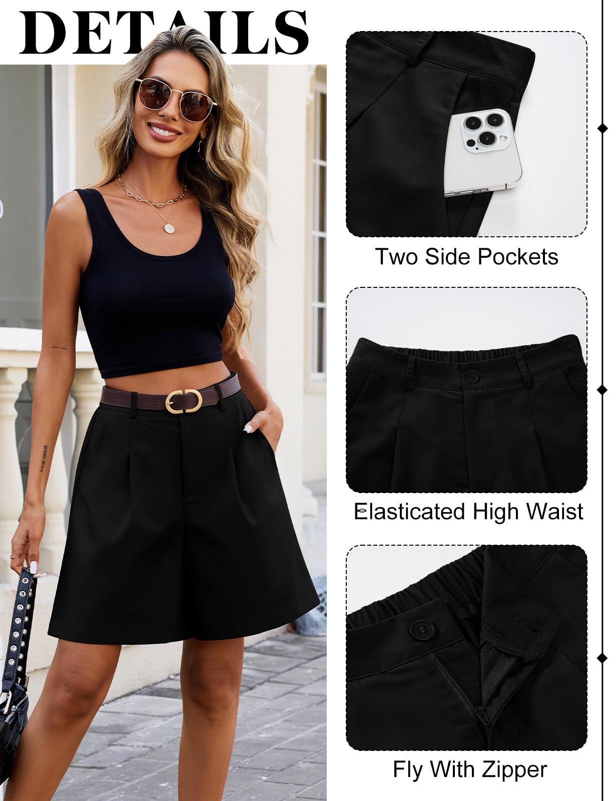 Short Femme Bermuda Cargo Été Shorts Taille Haute Élastique Jambes Larges Pantalon Court Couleur Unie Short Long de Décontracté Travail avec Poches