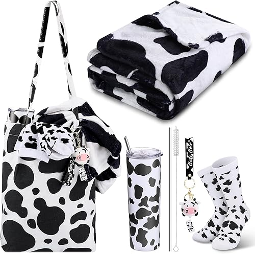 Miniatura 1 de Juego de 5 regalos de vaca para mujeres y madres, incluyendo vaso de acero inoxidable con patrón de vaca de 20 onzas con tapa, pajita, bolsa de mano