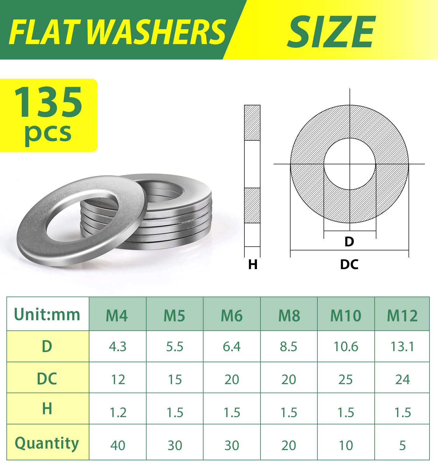 Set di 135 rondelle in acciaio inox, rondelle Bolatus, assortimento di 6 misure, dischi per carrozzeria M4 M5 M6 M8 M10 M12, rondelle piatte in acciaio inox per viti e dadi e barra filettata