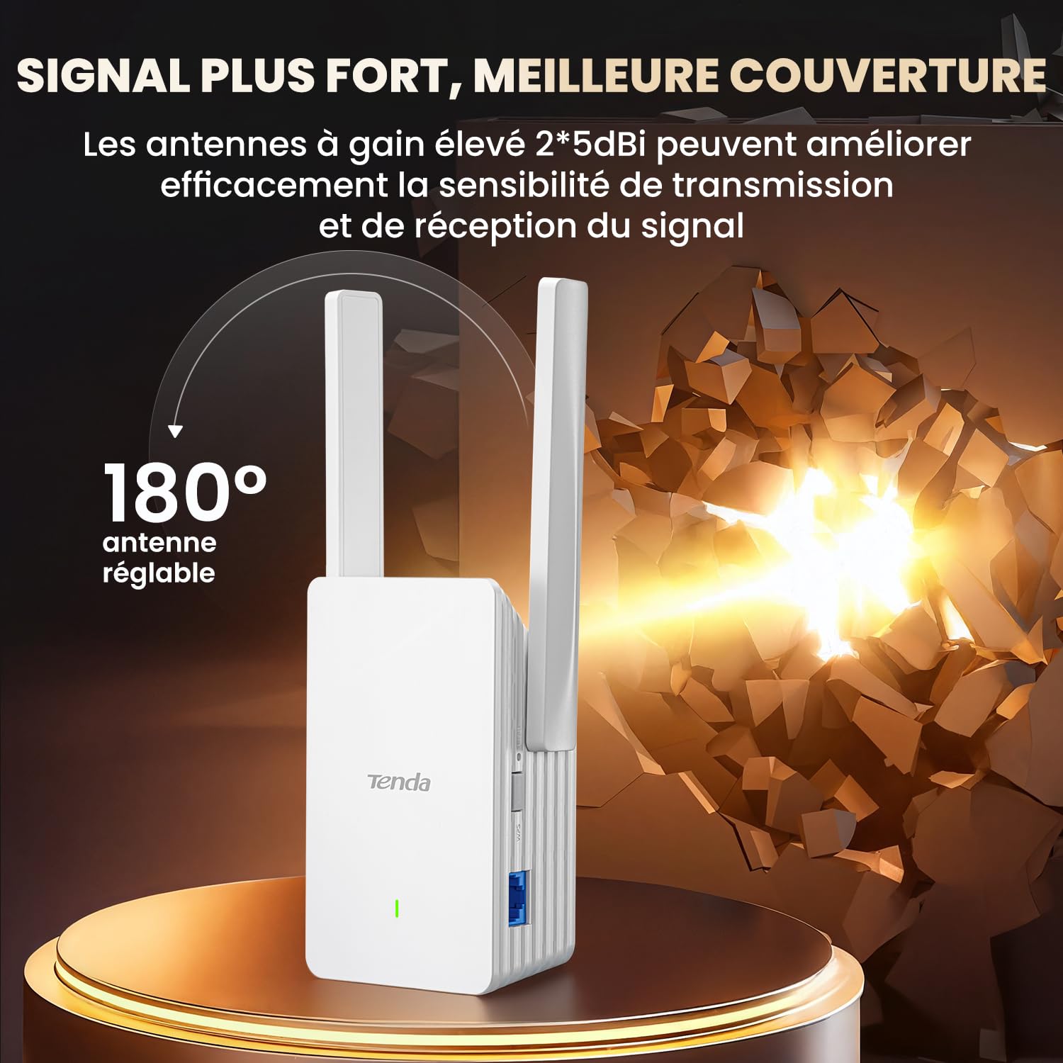 Tenda A23 Répéteur WiFi 6 AX1500, Extenseur WiFi Bi-Bande, Port Gigabit, Antennes 2 x 5dBi, LED de Signal Intelligent, Installation Facile, WPA3