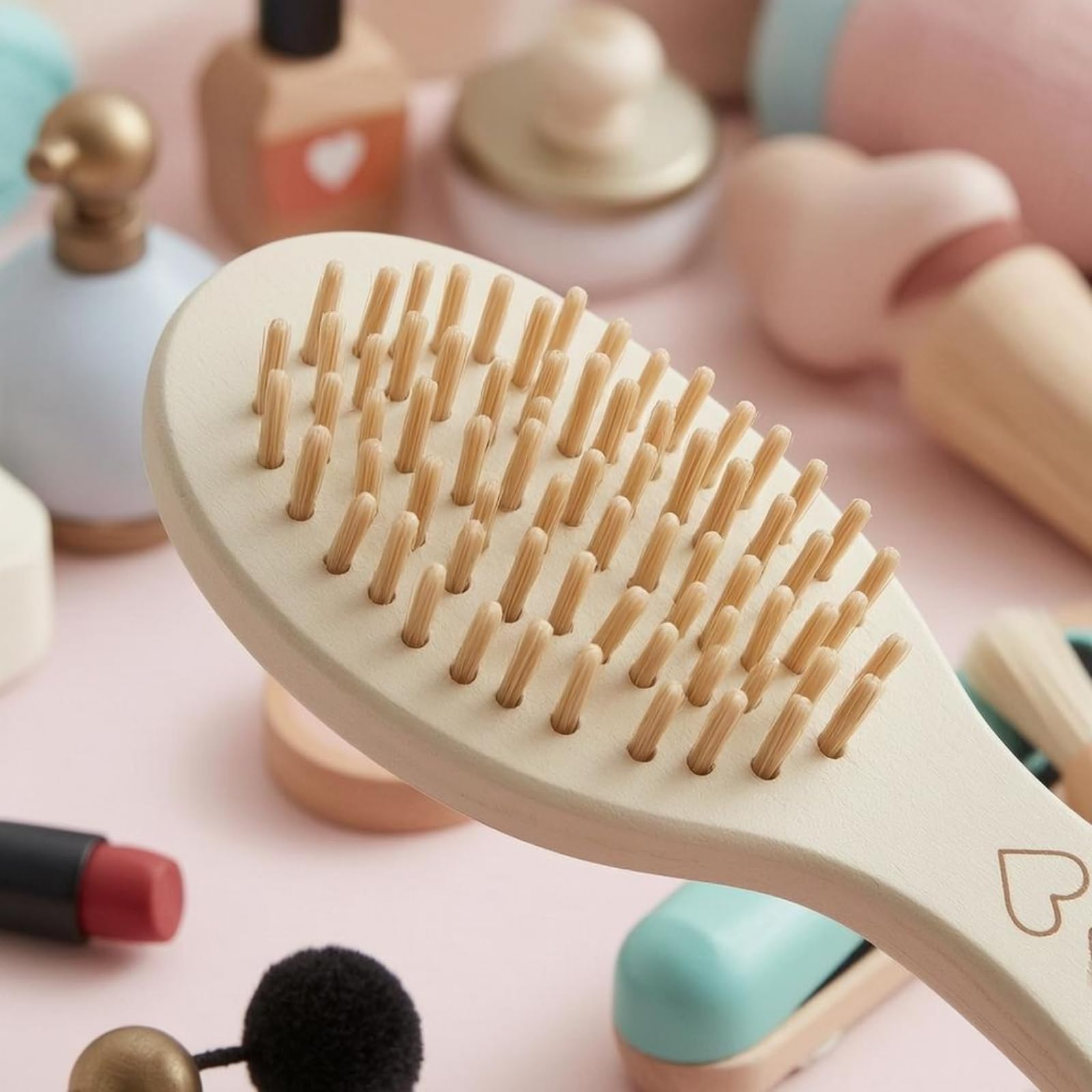 Giocattolo in Tessuto Set Trucco Bambini Kit Cosmetici Finti Phon Specchio Spazzola Pettine Rossetto Materiale in Legno Adatto per Gioco di Ruolo