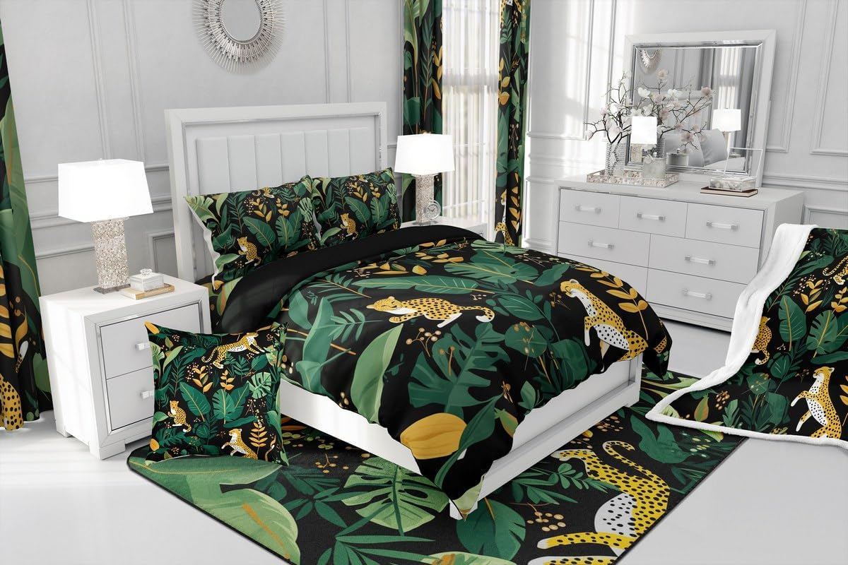 Feelyou Cheetah Bedding Set Full Size Leopard Bedding Duvet Cover Set for Boys Teens Decor Tropical Leaves Comforter Cover Set Safari Bedspread Cover Animal Print Quilt Cover 3Pcs