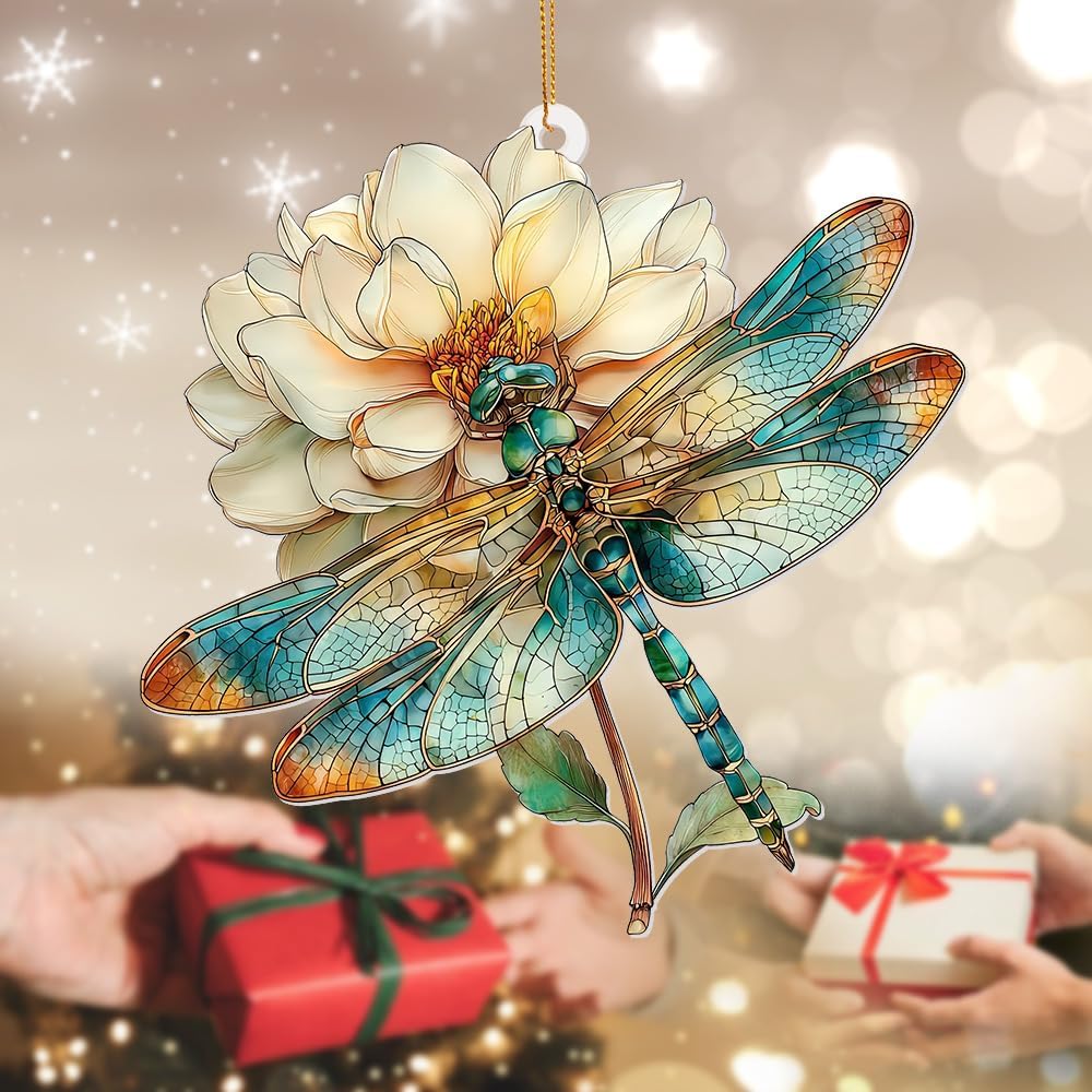 Dragonfly Ornament Stained Glass Style – Acrylic Window Hanging Suncatcher with Flower, Dragonfly Gifts for Women, Christmas Tree Ornament, Whimsical Home & Garden Décor(Sun-21) image 5