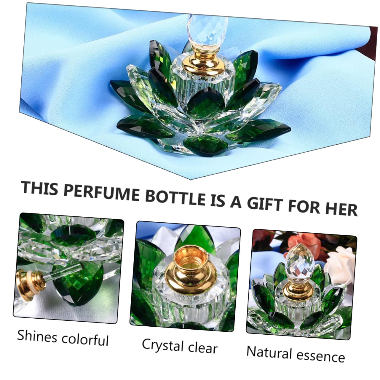 SOLUSTRE Grüne Parfümflasche aus Kristall im Lotus Design Leere Dekorative Parfümflasche für Zuhause mit Vintage Stil zur Aufbewahrung von Kosmetik und Ätherischen Ölen