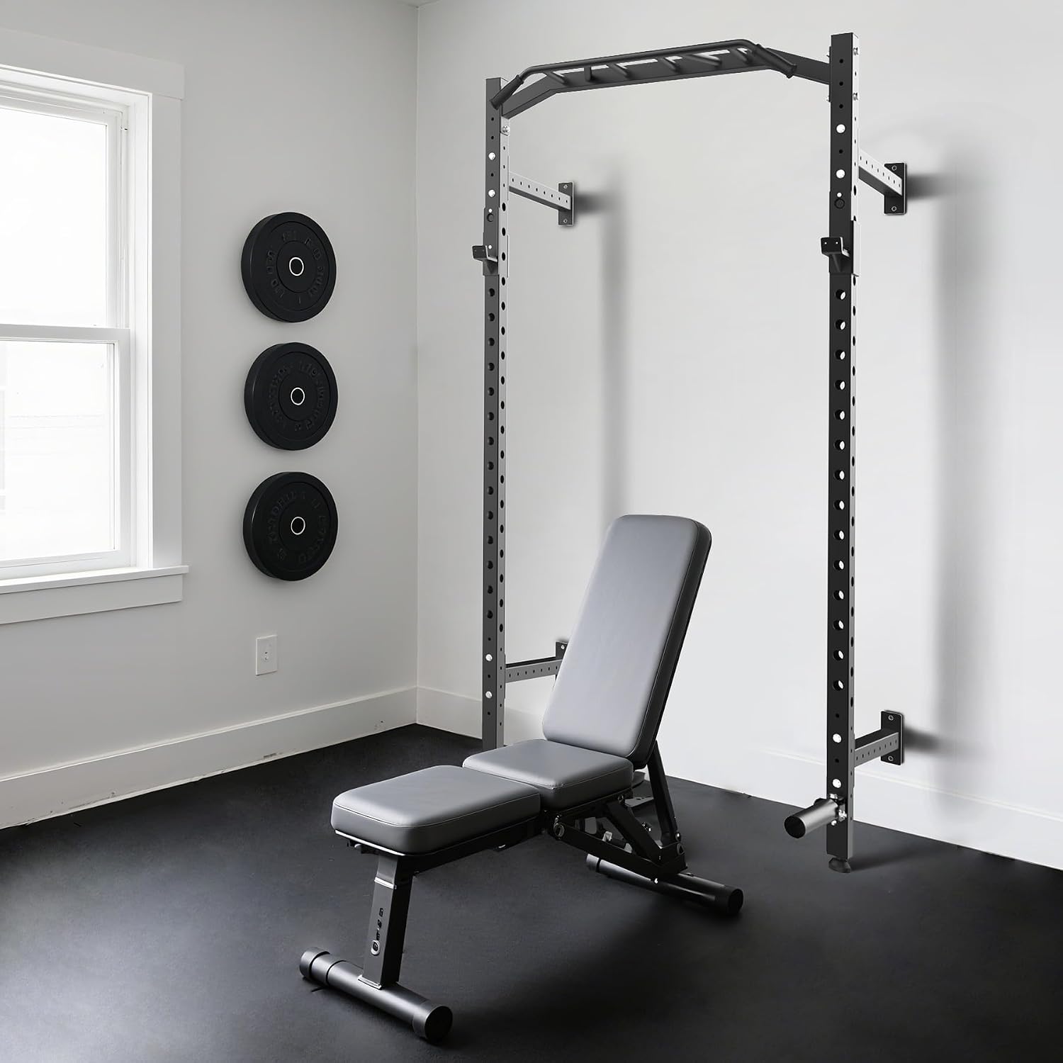 1600LB Wall Mounted Power Rack, Commercial Squat Rack for Home Gym with Multi-Grip Pull Up Bar, j-Cups & Landmine Attachment for Home and Garage Gym
