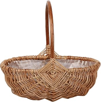 Rattan Woven Storage Basket with Handle and Plastic Liner Rustic Wedding Flower Girl Basket Handwoven Basket for Home Wedding Garden Decoration L