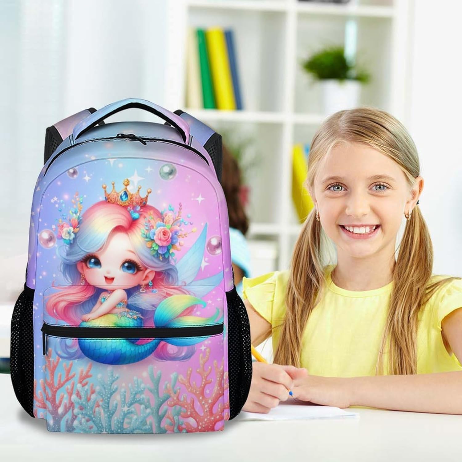 Backpacks for Kids, 17 Inch Cute Mermaid Kindergarten Backpack for Girls, Lightweight Travel Bookbag for Primary School