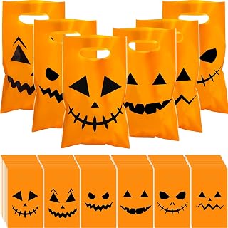 Jetec 480 Pcs Halloween Plastic Bags Pumpkin Treat Bags Trick or Treat Plastic Candies Goodie Gift Bags with Handle Halloween Party Favor Bags for Halloween Decoration