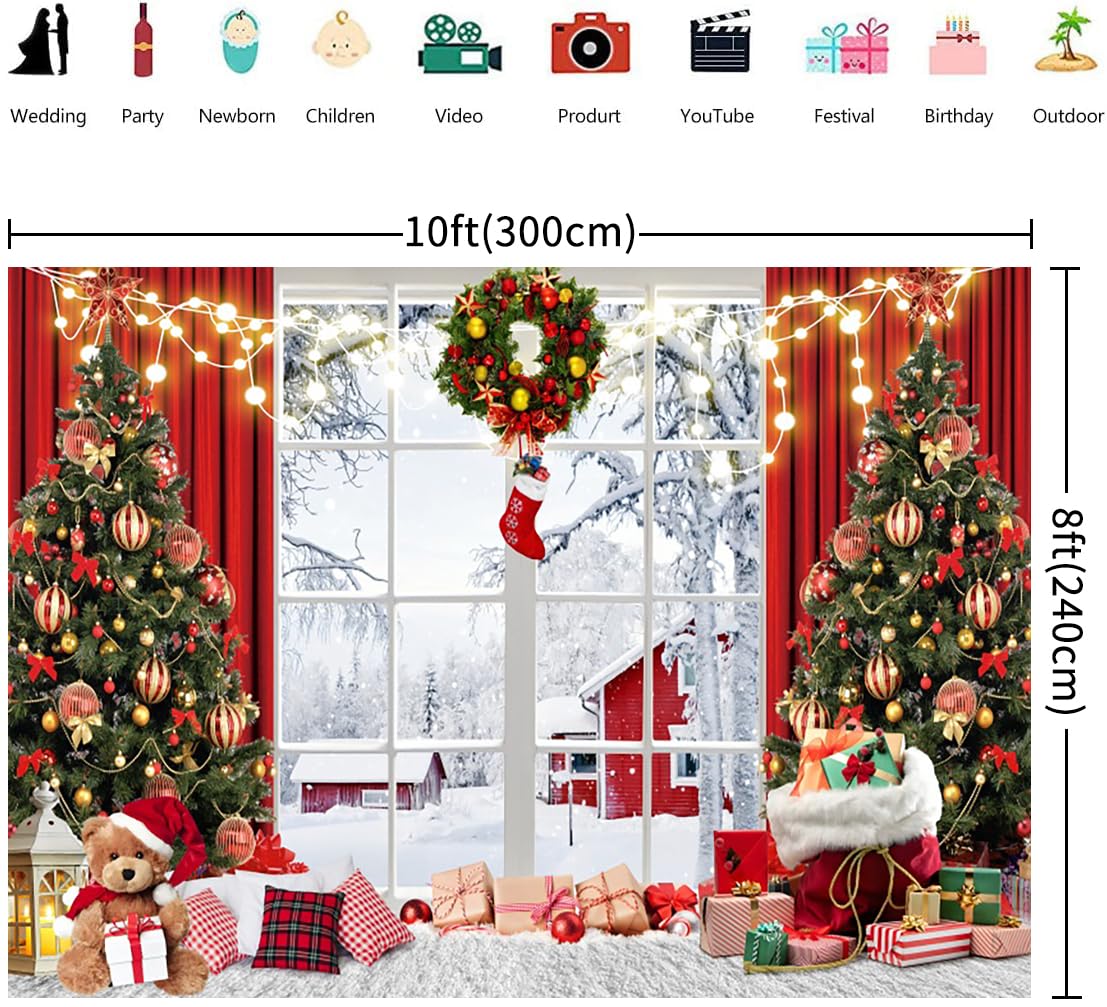 3x2.4m Telón de Fondo Navidad Foto Invierno Ventana árbol de Navidad Regalos Nieve Escena fotografía Fondo Familia niños Retrato sesión de Fotos Vacaciones año Nuevo Fiesta Bandera Decoraciones