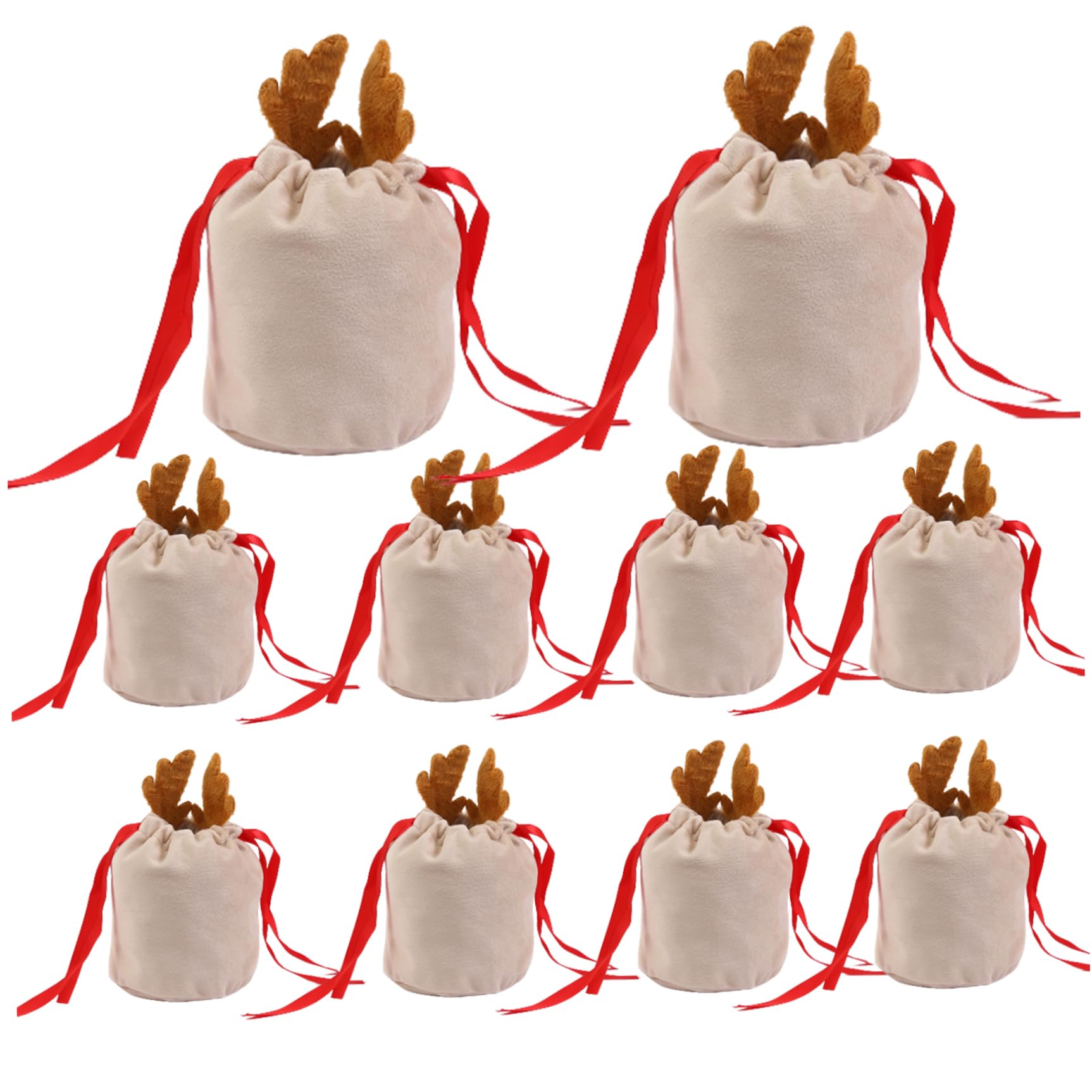 10pcs Reusable Christmas Candy Bags Cute Antlers Velvet Gift Bag with Drawstring Candy Pouch Gift Packaging Treat Bags for Gift Goodies Candy Snacks for Xmas New Year Party Favors