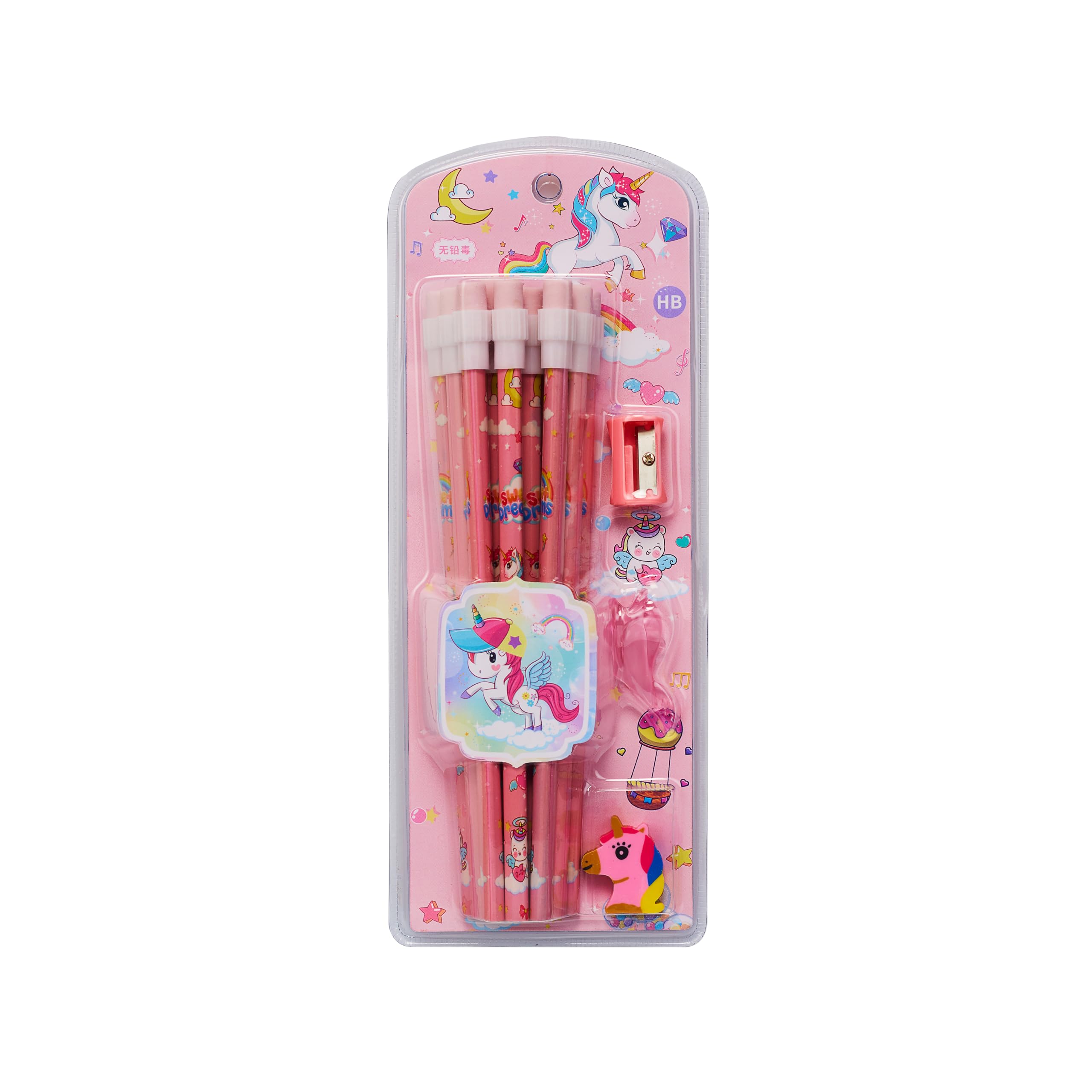 Unicorn Pencils Stationary Kit - 12 Pencils Set with Grip Unicorn Eraser and Sharpner for Kids, Boys and Girls, Birthday Return Gift Stationary Set (Pink)