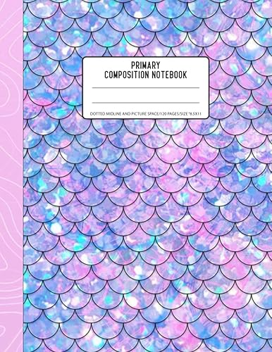 Primary Composition Notebook Pretty pink & Blue Mermaid Glitter patternRuled Journal for Grades K-2 with Dotted Midline and Picture Space
