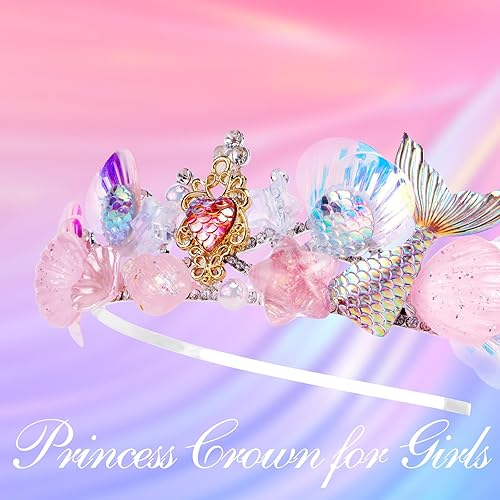 Miniatura 5 de CIEHER Corona de sirena para niñas, diadema de sirena rosa, corona de conchas para niñas, decoración de fiesta de sirena, decoraciones de cumpleaños