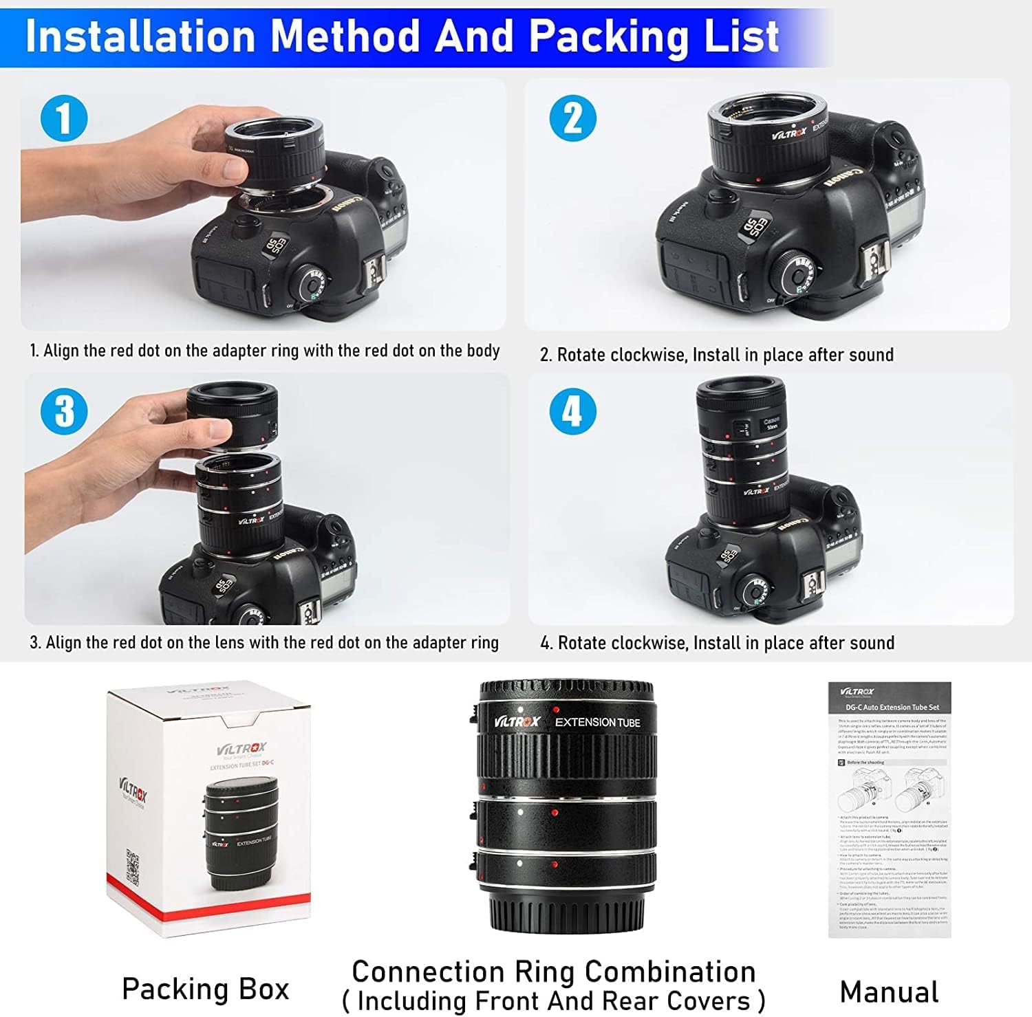 DG-C Tube d'extension d'objectif macro pour objectif Canon EF/EF-S et appareil photo reflex numérique 5D 6D 7D 70D 80D 90D 600D 650D 700D 750D 760D 800D 1300D 1500D Rebel T7 T6 T5 T4 SL3