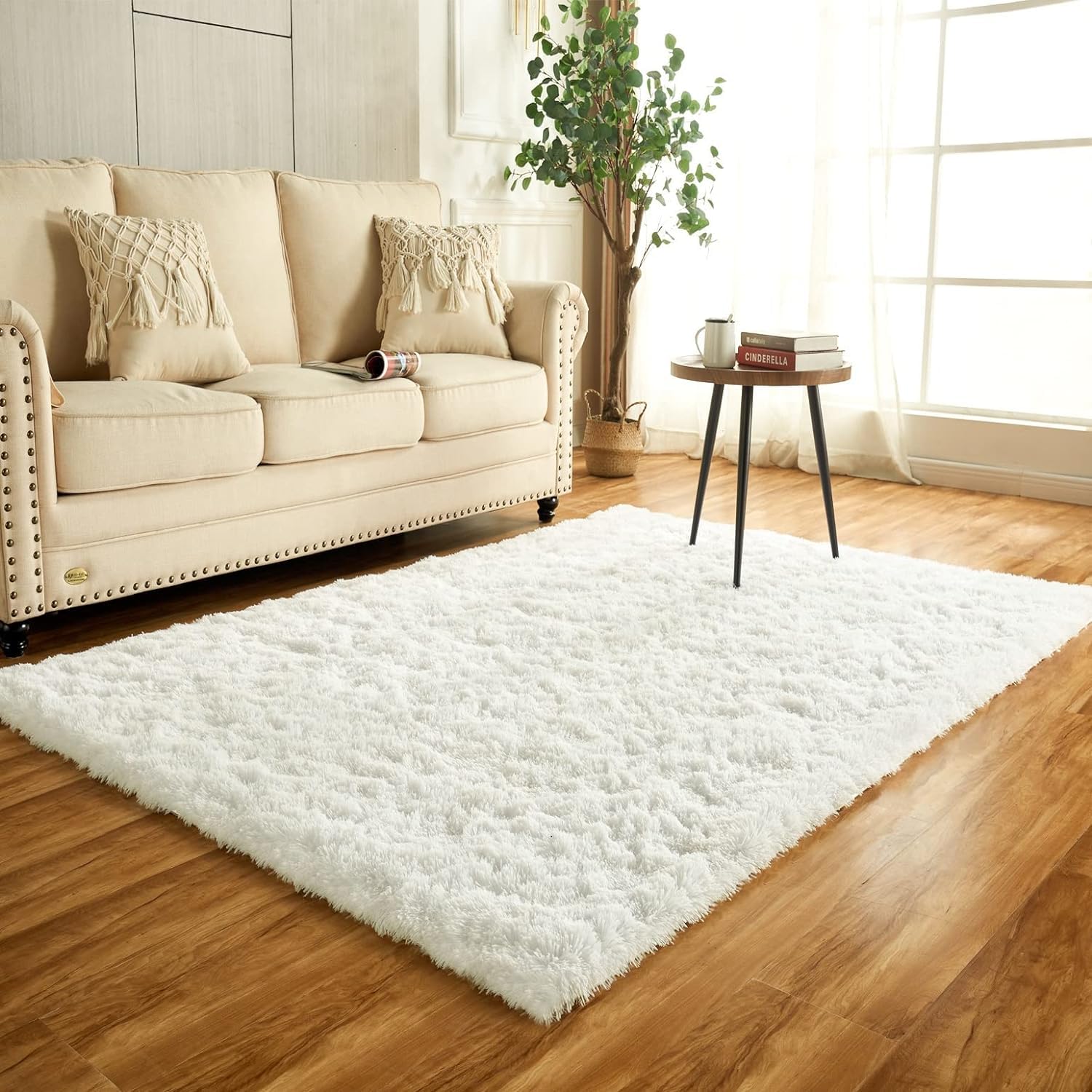 Creme Wohnzimmerteppich 120x160cm Waschbarer Flauschige Teppich | Hochflor 4-5 cm, Rutschfeste, Hochwertiger Schaumstoff, für Wohnzimmer, Kinderzimmer, Babyzimmer