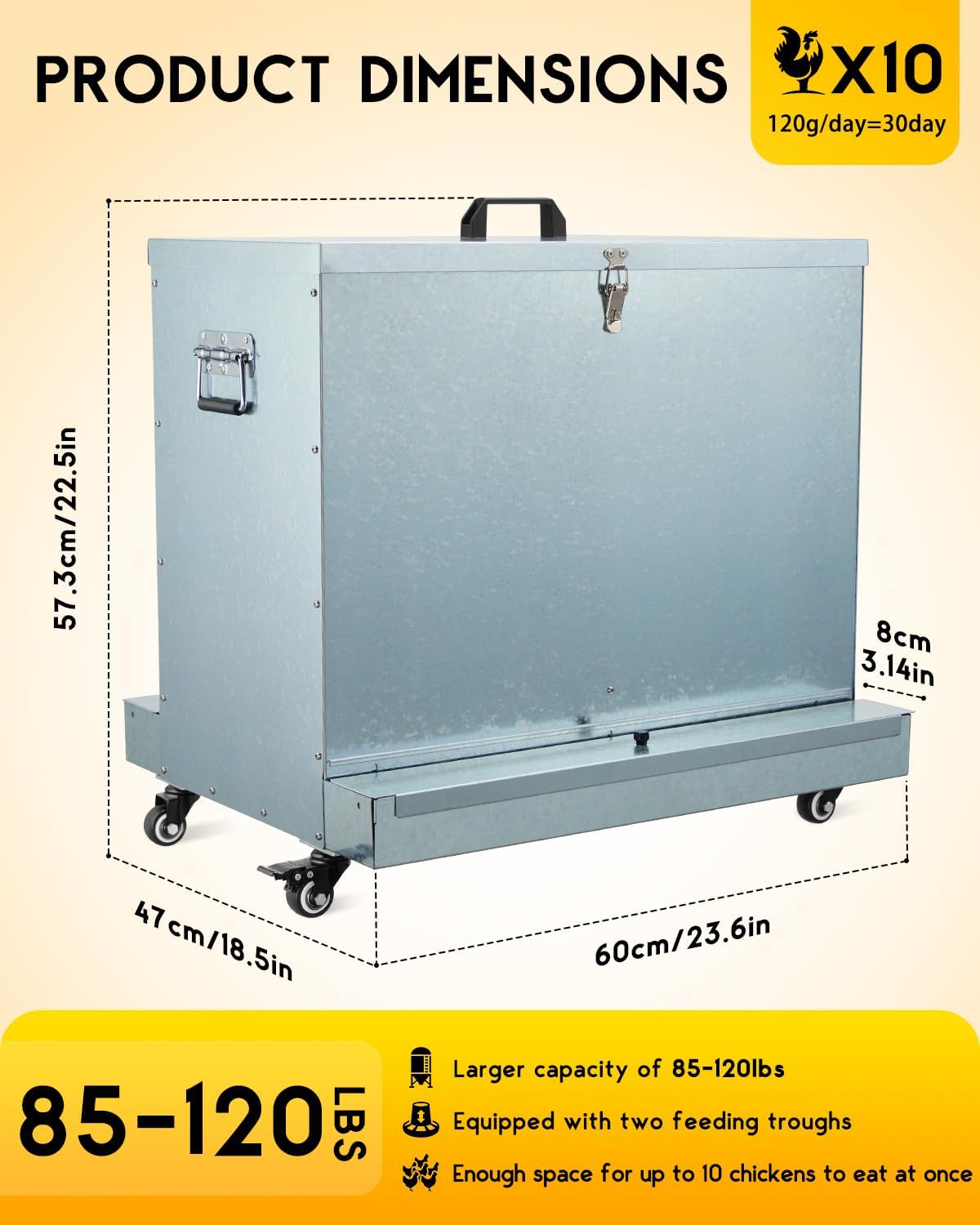 85lbs Metal Chicken Feeder on Wheels, Magicfly Automatic Large Chicken Feeders No Waste Feed Box Poultry Feeder with Latch and Handle, Oyster & Grit Trough for Ducks, Turkeys & Chickens