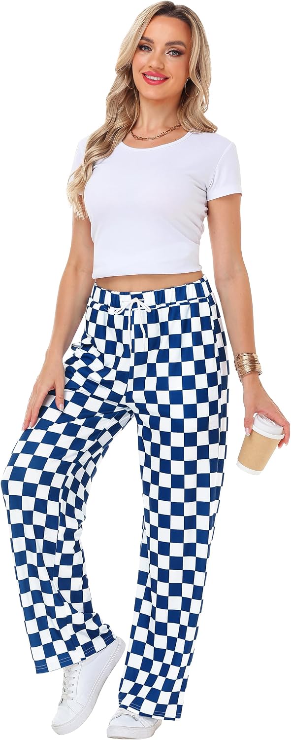 Remimi Womens Checkered Pants Casual Loose Wide Leg Sweatpants with Pockets
