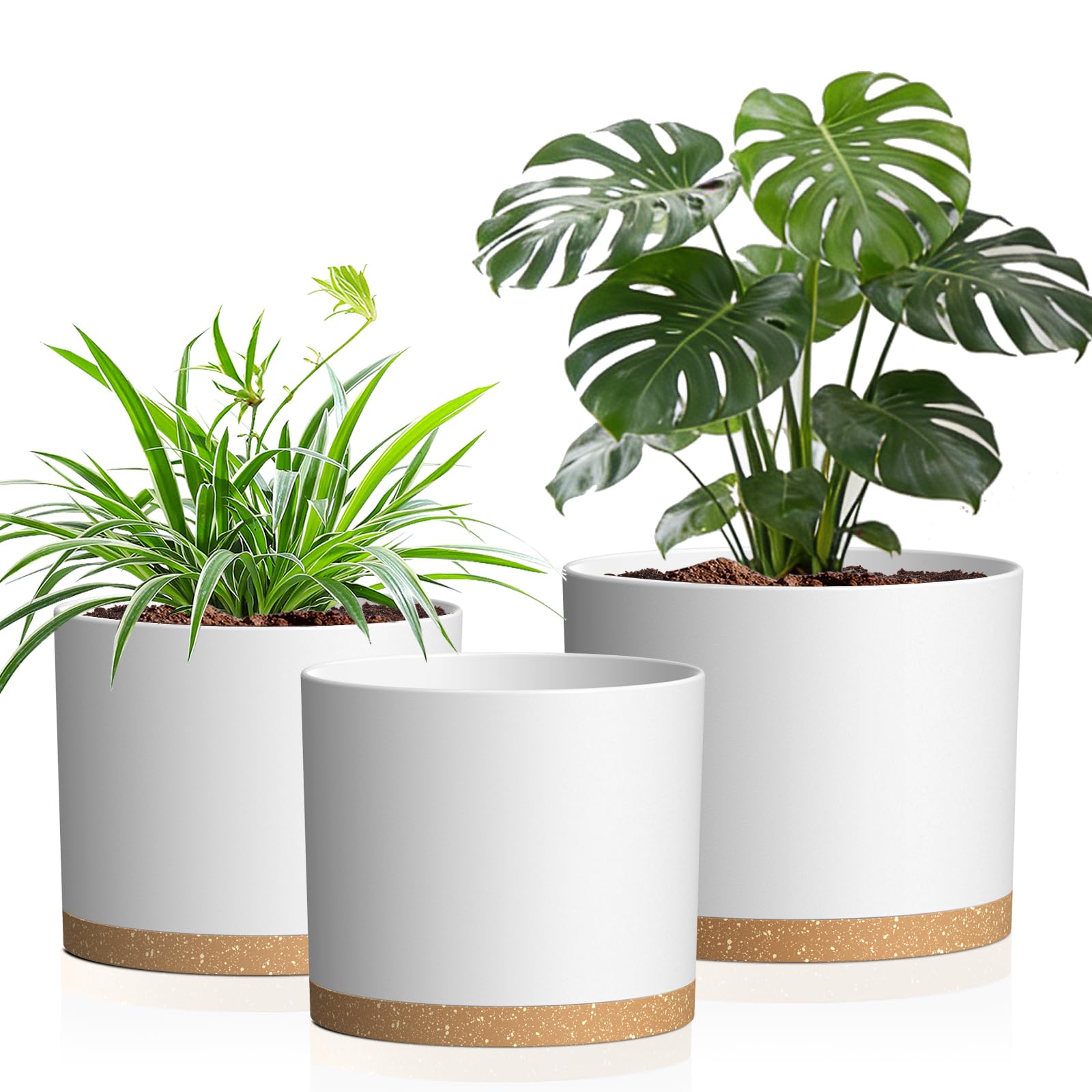 Photo 1 of Areutxbis 10/9/8 Inch Large Plant Pots with Drainage Holes and Trays, 3 Pack Modern Minimalist Cylinder Planters for Monstera, Snake Plant, Indoor Outdoor (Matte White & Brown)