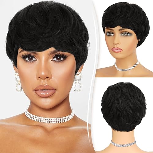 RUWISS Peluca de cabello humano corto, natural, lacio, con flequillo, para mujer, estilo clásico unisex, sin límite de edad (1b#)