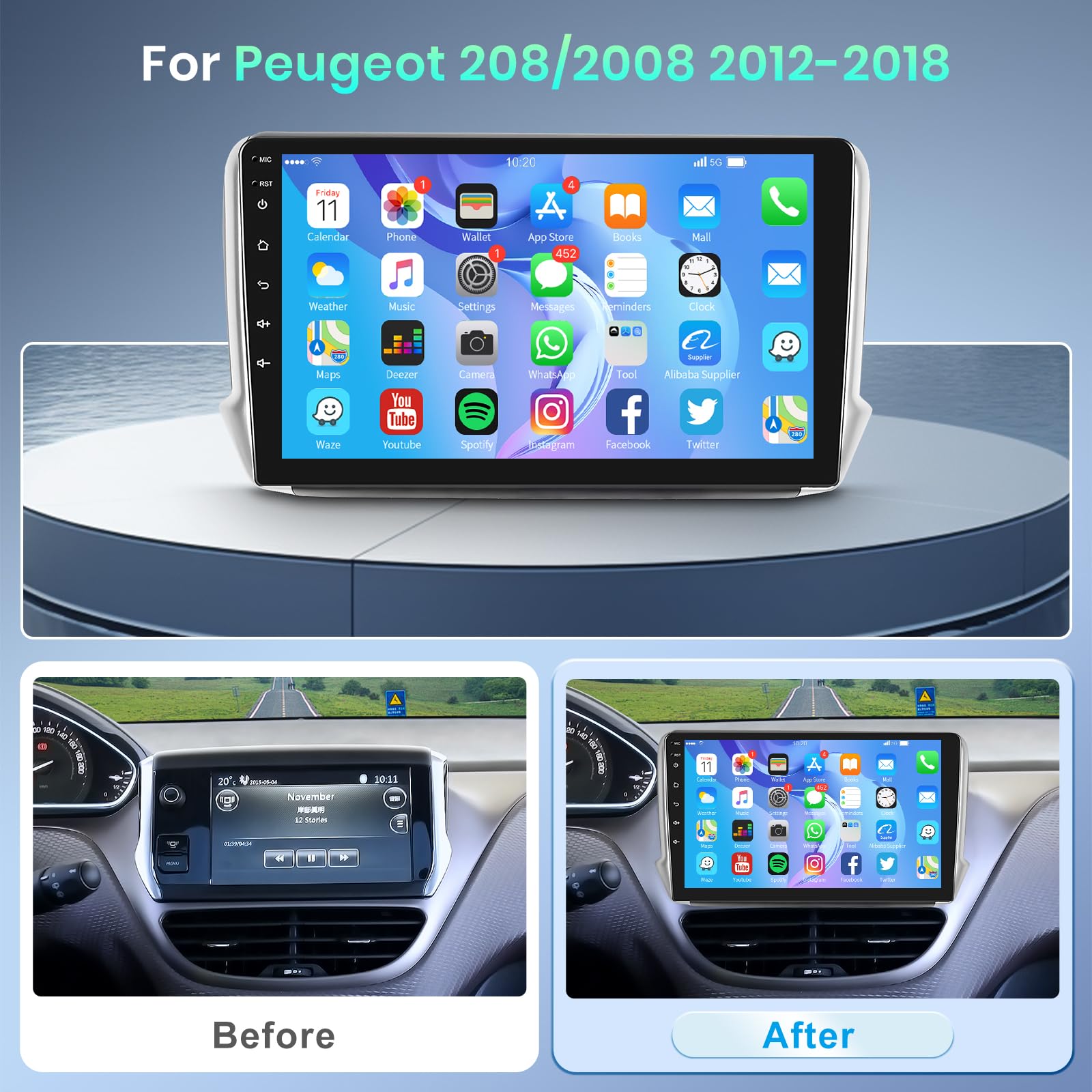 Podofo Android Autoradio GPS per Peugeot 208/2008 2012-2018, 10" Touchscreen Wifi Bluetooth FM RDS Radio Dulica Schermo USB Navigazione per Auto Video Stereo Player +Canbus