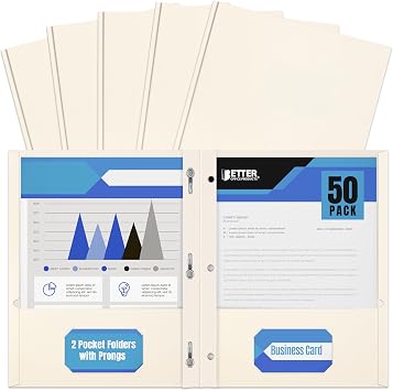 Better Office Products White Paper 2 Pocket Folders with Prongs, 50 Pack, Matte Texture, Letter Size Paper Folders, 50 Pack, with 3 Metal Prong Fastener Clips, White