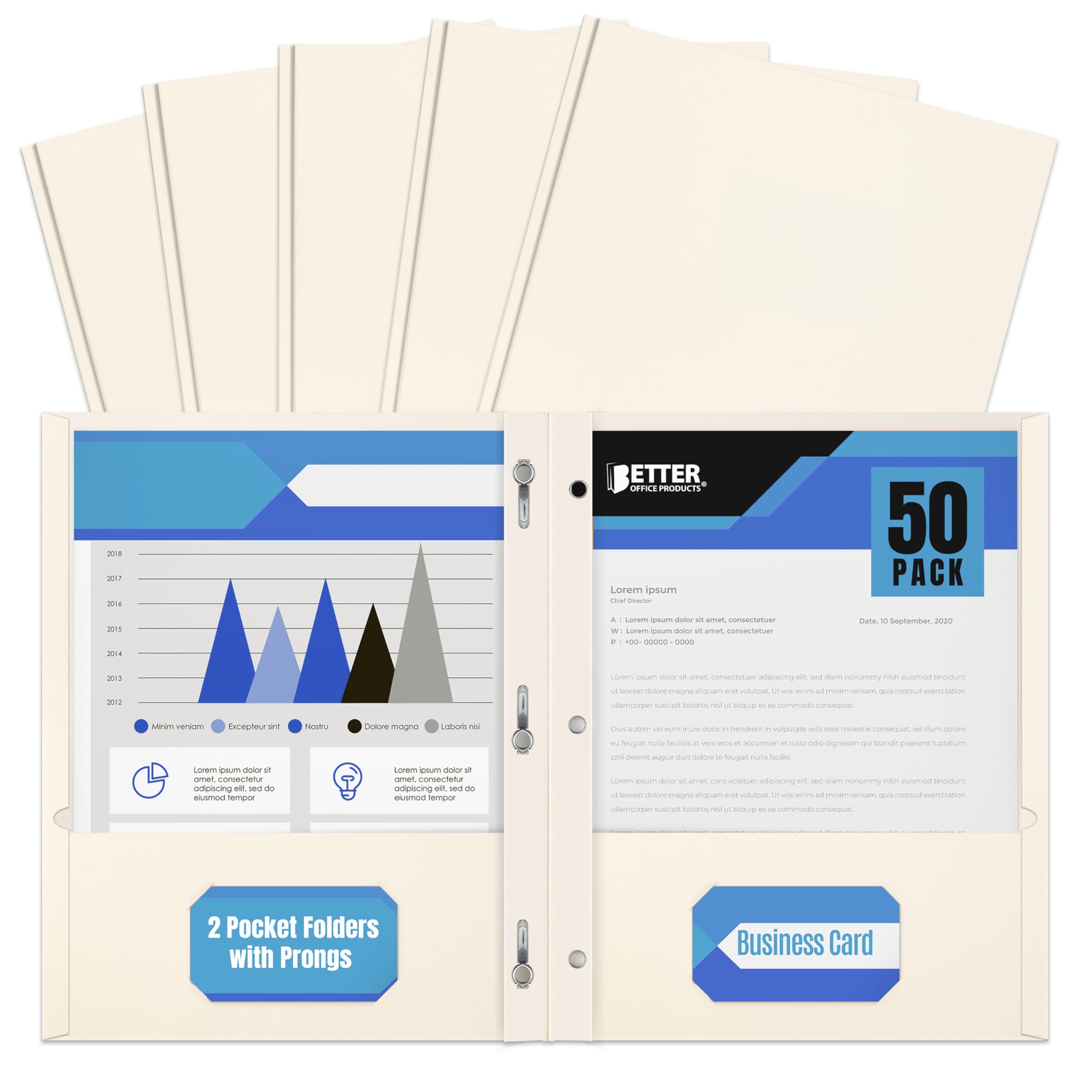 White Paper 2 Pocket Folders with Prongs, 50 Pack, by Better Office Products, Matte Texture, Letter Size Paper Folders, 50 Pack, with 3 Metal Prong Fastener Clips, White — image 1