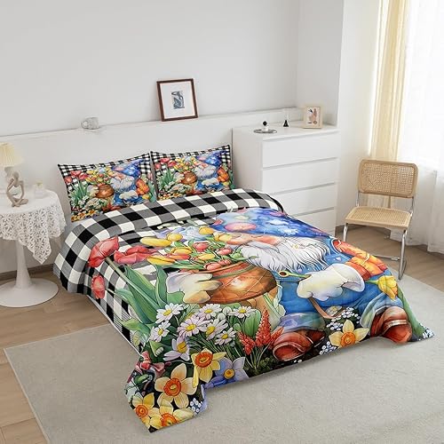 Miniatura 3 de Juego de edredón de gnomo floral de tulipán, tamaño King, juego de ropa de cama de flores de tulipán de primavera, decoración de dormitorio, relleno