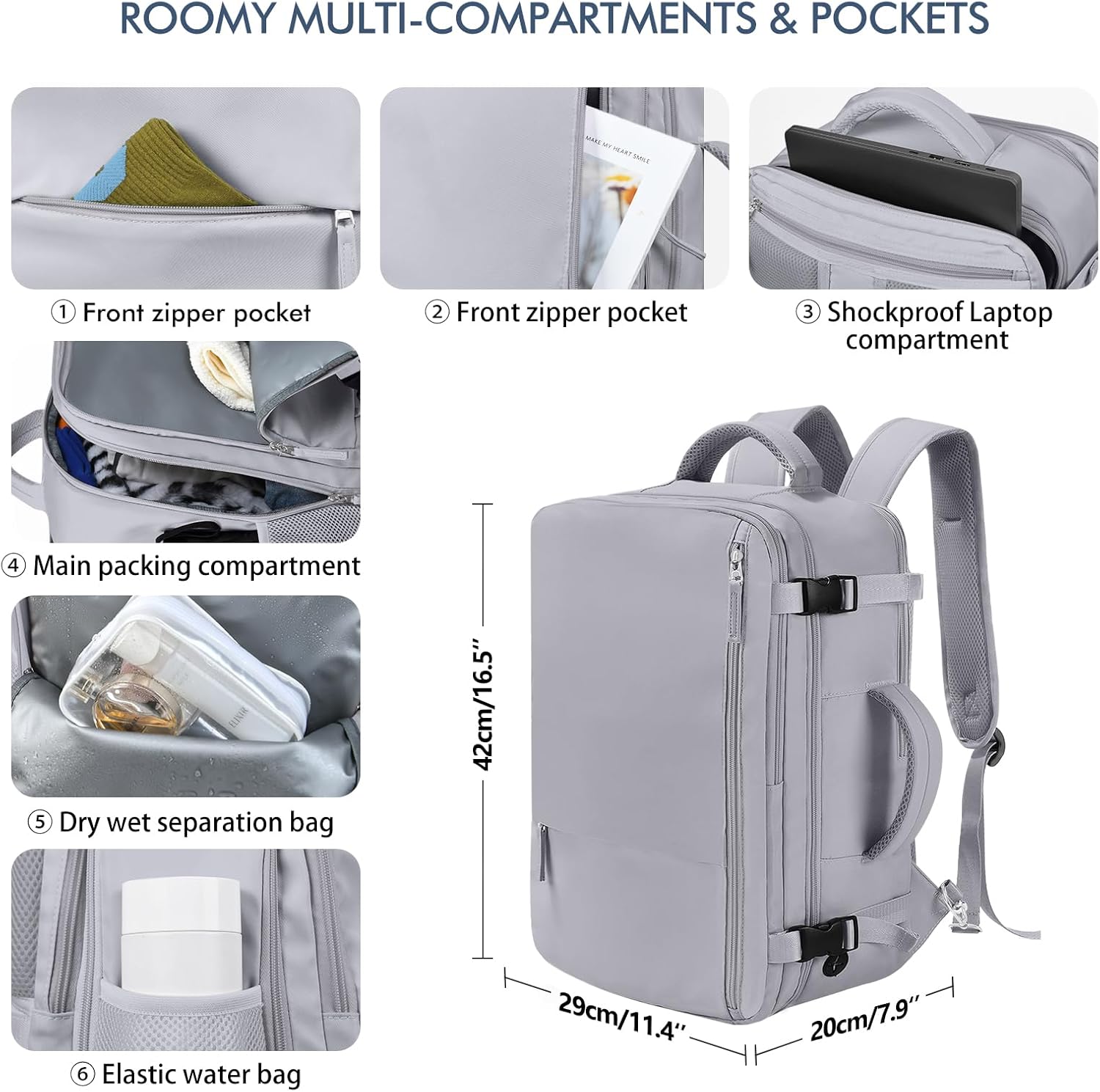 Beraliy Travel Backpack, Personal Item Bag Ailrline Approved, 17.3 Inch Laptop Backpack, Carry On Travel Bag, Hiking Backpack, Casual Backpack, Grey