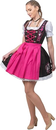 Edelweiss Creek Womens Oktoberfest Dirndl Dress 3-Piece Short German Bavarian Outfit Black & Pink or Green
