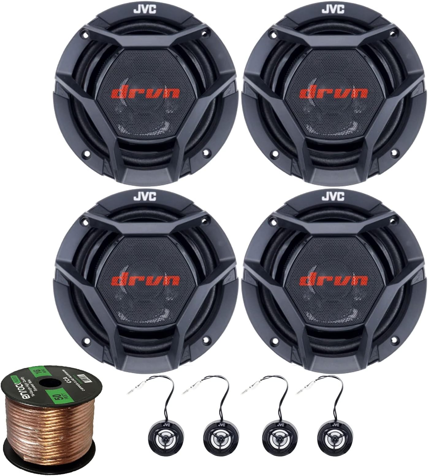 JVC 4X drvn DR Series 6.75" 360W Max Power Car Audio 2-Way Component Vehicle Automotive Speakers Bundle Combo with 50 Ft 16 Gauge Audio Speaker Wiring