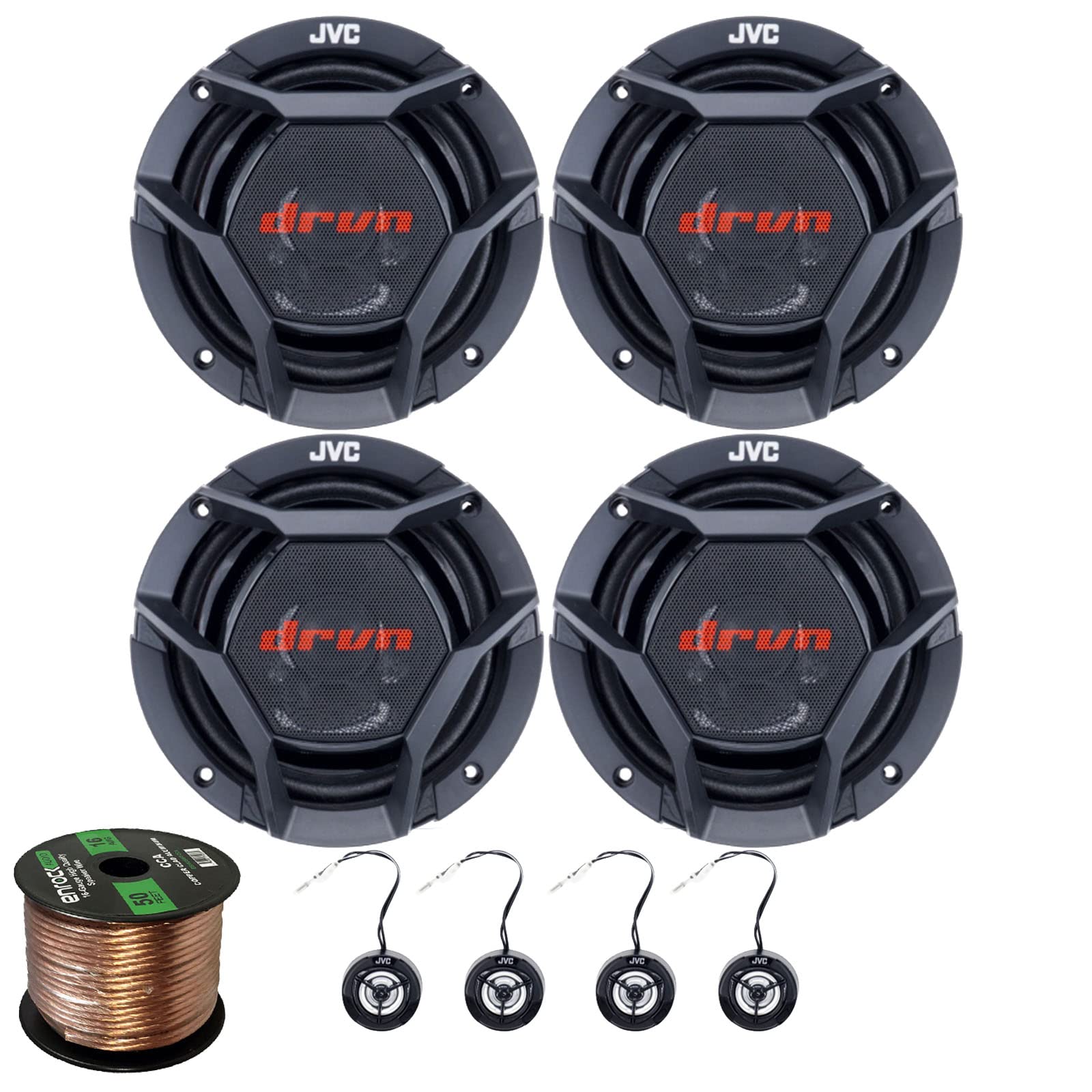 JVC 4X drvn DR Series 6.75" 360W Max Power Car Audio 2-Way Component Vehicle Automotive Speakers Bundle Combo with 50 Ft 16 Gauge Audio Speaker Wiring