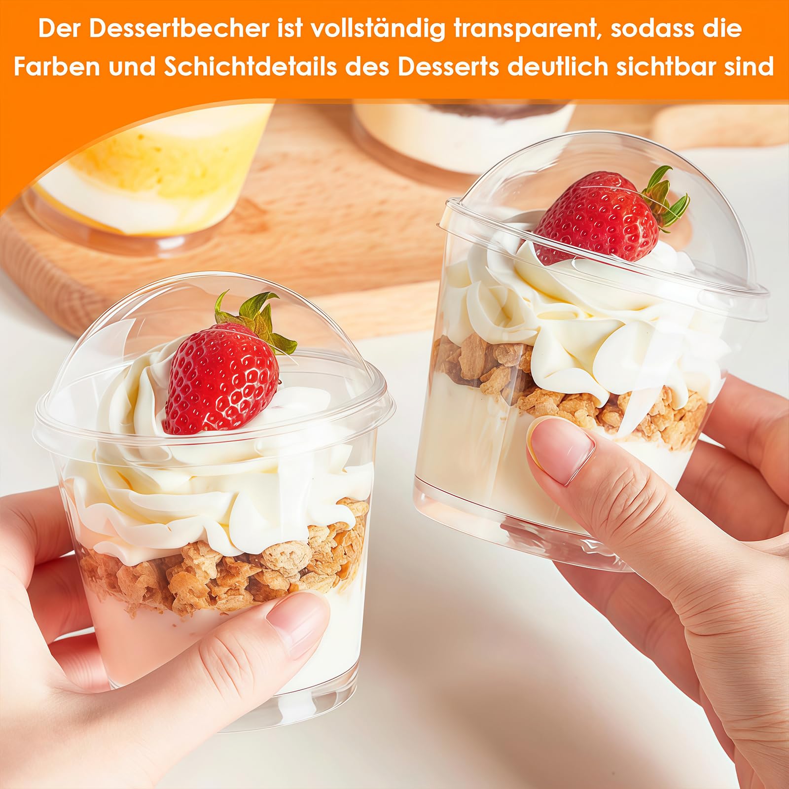 50 tazze da dessert, 200 ml, in plastica con coperchio, riutilizzabili, rotonde da dessert in plastica, per la casa, dessert, mousse budino