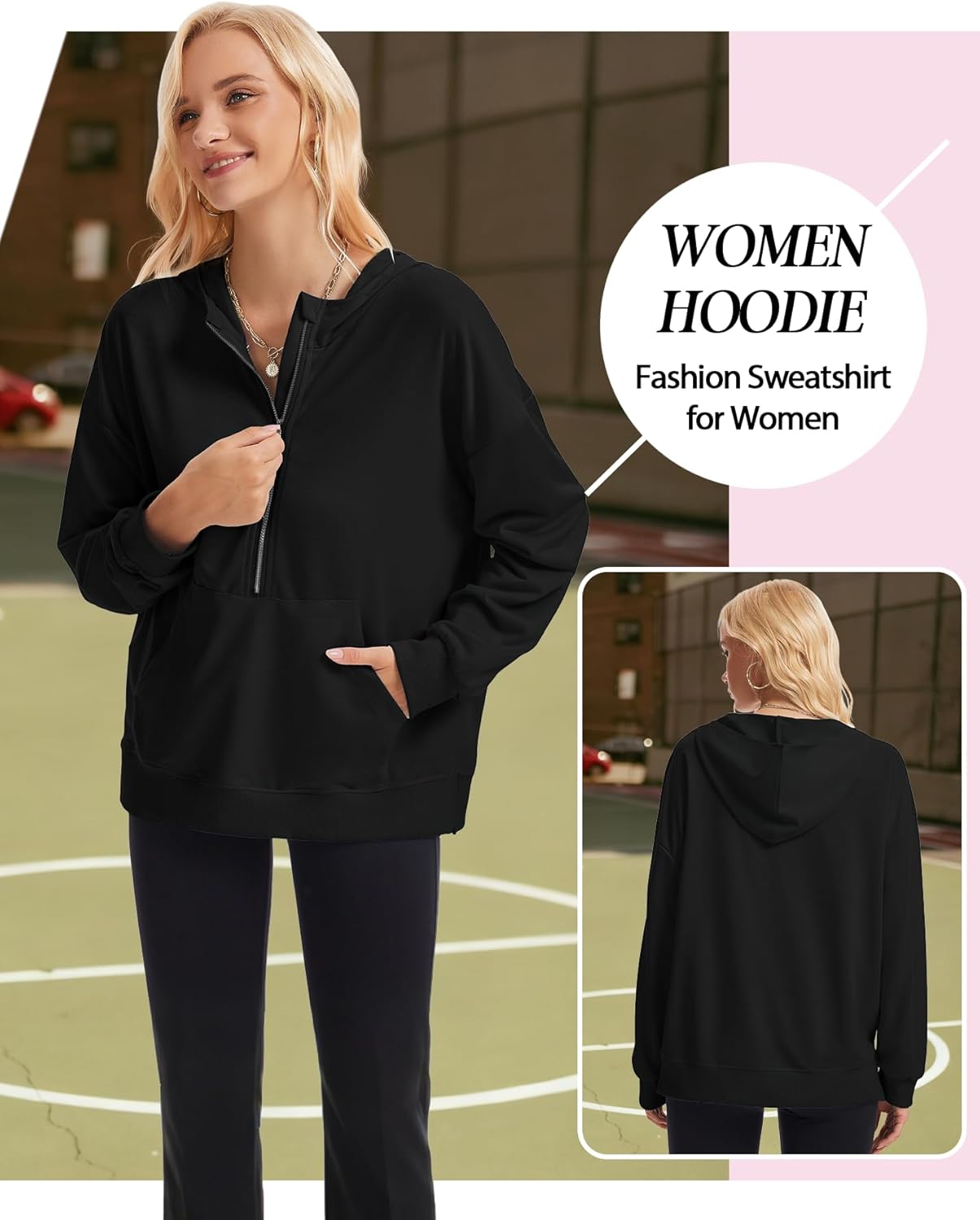 Zip Up Hoodie for Women, Oversized Half Zip Hooded Sweatshirt Casual Lightweight Going Out Pullover Tops - Image 4
