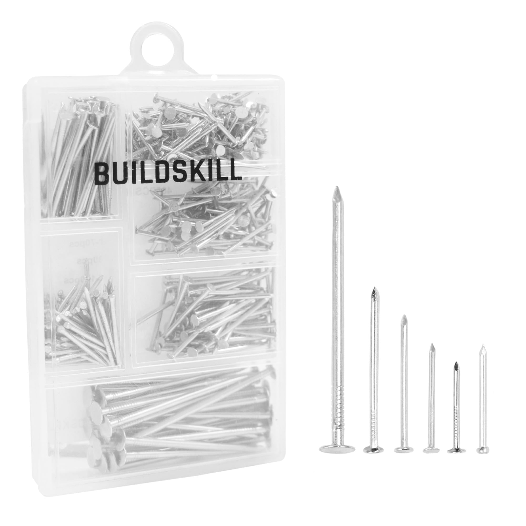 Buildskill 405-Piece Nail Set Tool Kit, Galvanized Nails for WallHangings, Diverse Sizes & Heads, Transparent Lockable Case - Ideal for DIY Home Use