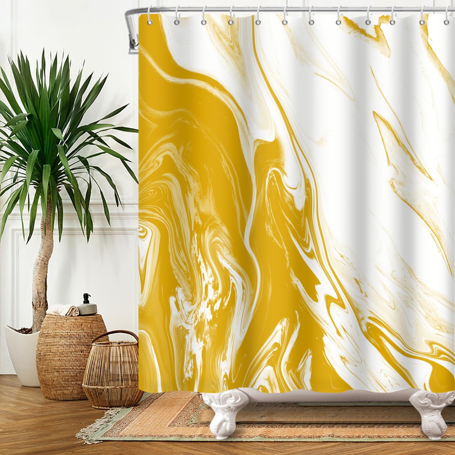 Yellow and White Marble Shower Curtain Modern Abstract Ink Art Texture Bathroom Curtain Aesthetic Crack Weighted Hem Shower Curtain Sets for Bathroom Extra Long 72x84 in with 12 Hooks