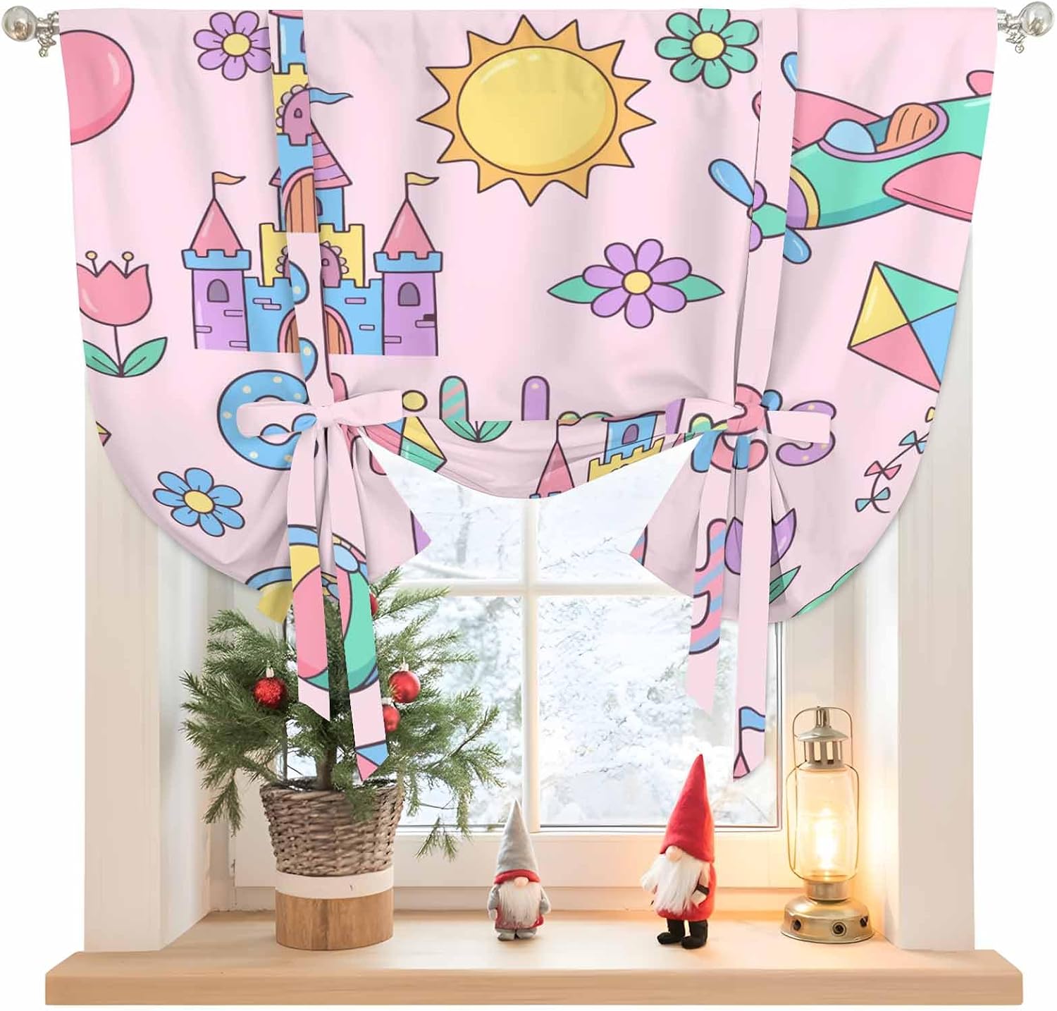 Children's Day Tie Up Curtains for Windows 63 Inch Length Balloon Curtains Kitchen Adjustable Balloon Window Shade Airplanes Sailing Boats Tree Cartoon Pink Tie Up Bathroom Curtain Window 46"x63"