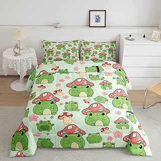 Mushroom Frog Comforter Set Twin Size Cute Mushroom Bedding Set 2pcs for Kids Girls Boys Bedroom Decor Cartoon Animals Plants Quilt Set Pink Green Duvet Insert,1 Pillowcase