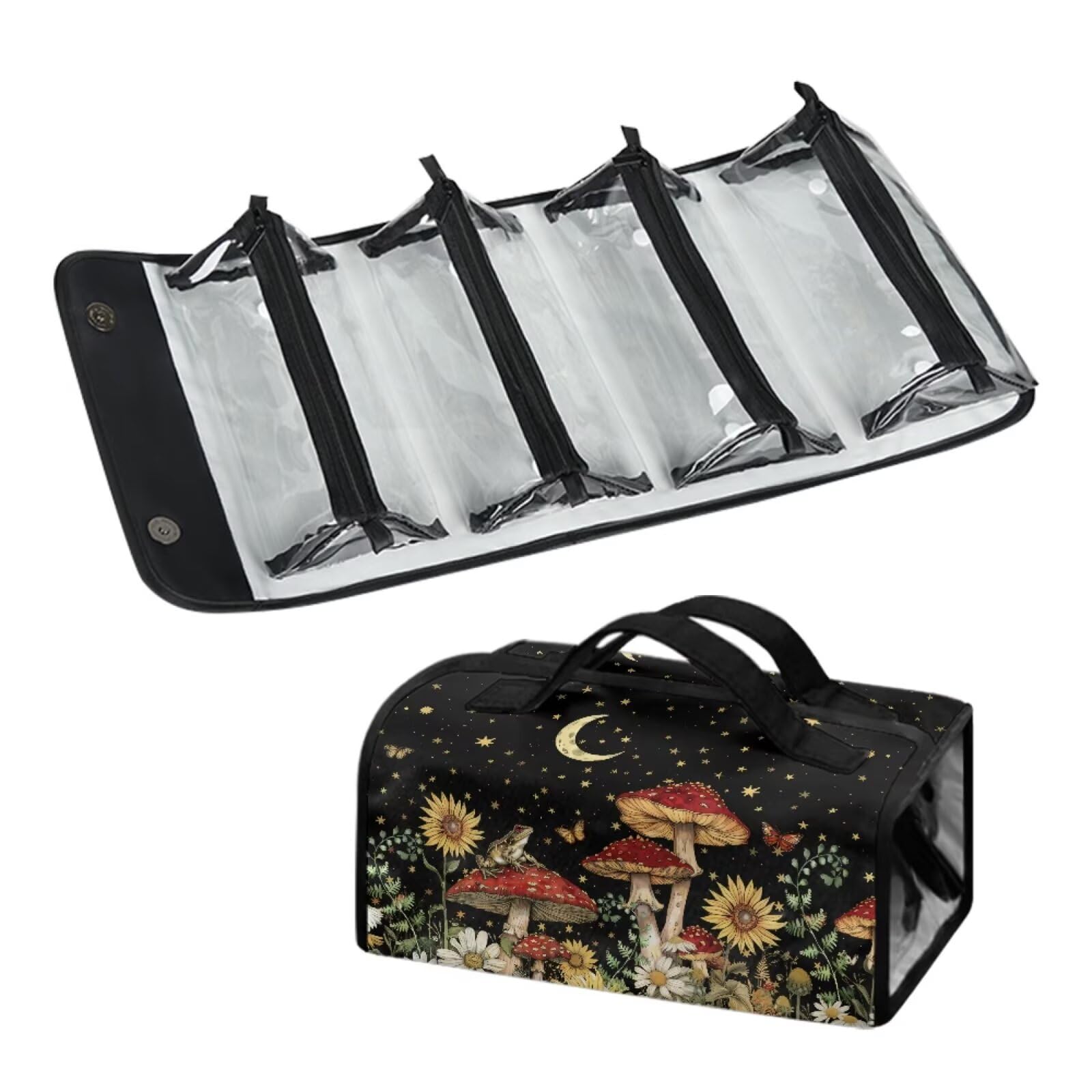 Dngkaoje Mushroom Hanging Roll Up Makeup Bags for Women Cute Toiletry Travel Bag Hanging Cosmetic Bag Wash Bag Large Capacity Toiletry Bags Mushroom Print Cosmetic Bags 4-in-1 Foldable Makeup Bag