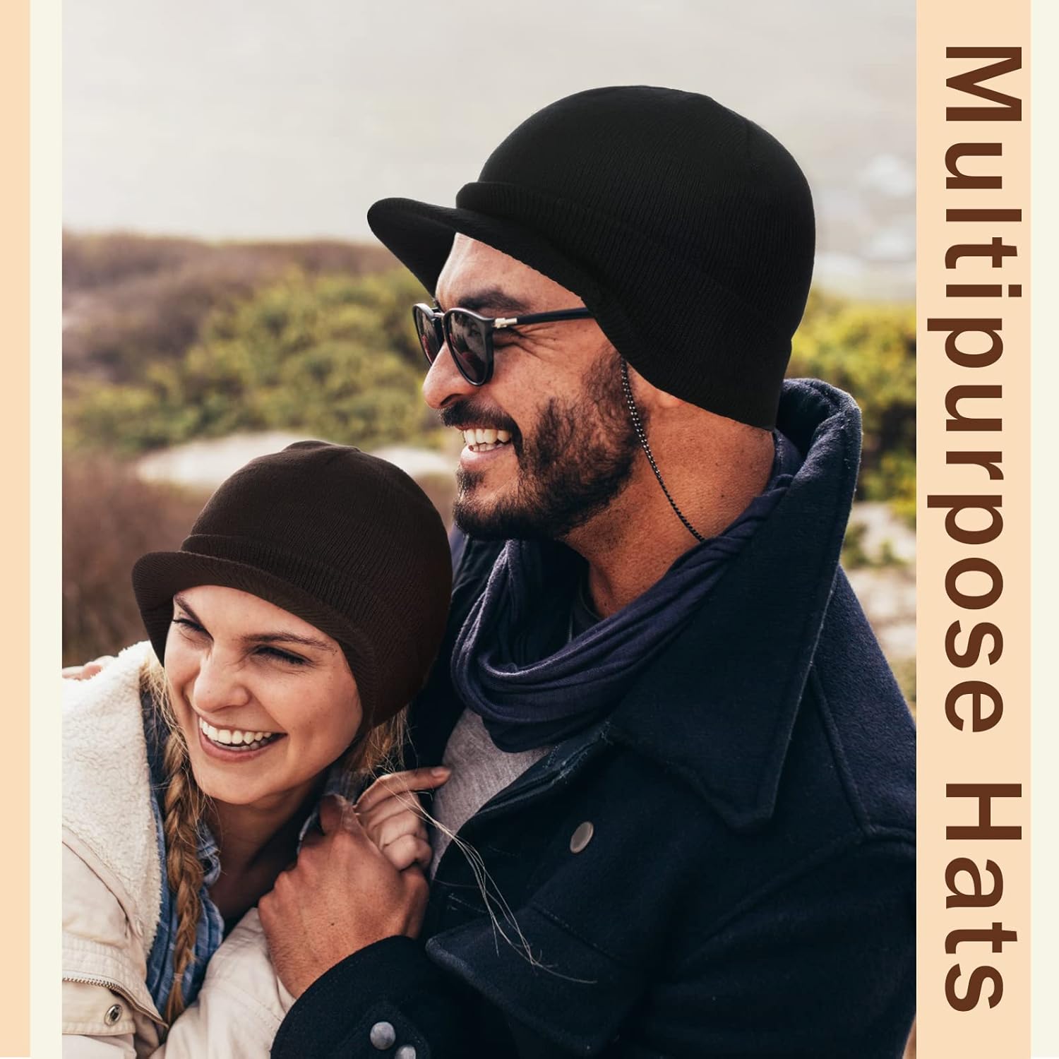 Zhehao 6 Pcs Winter Visor Beanie with Brim Men's Beanie Hat Warm Thick Cap Colorful Brim Hats Double Knitted Cap - Image 5