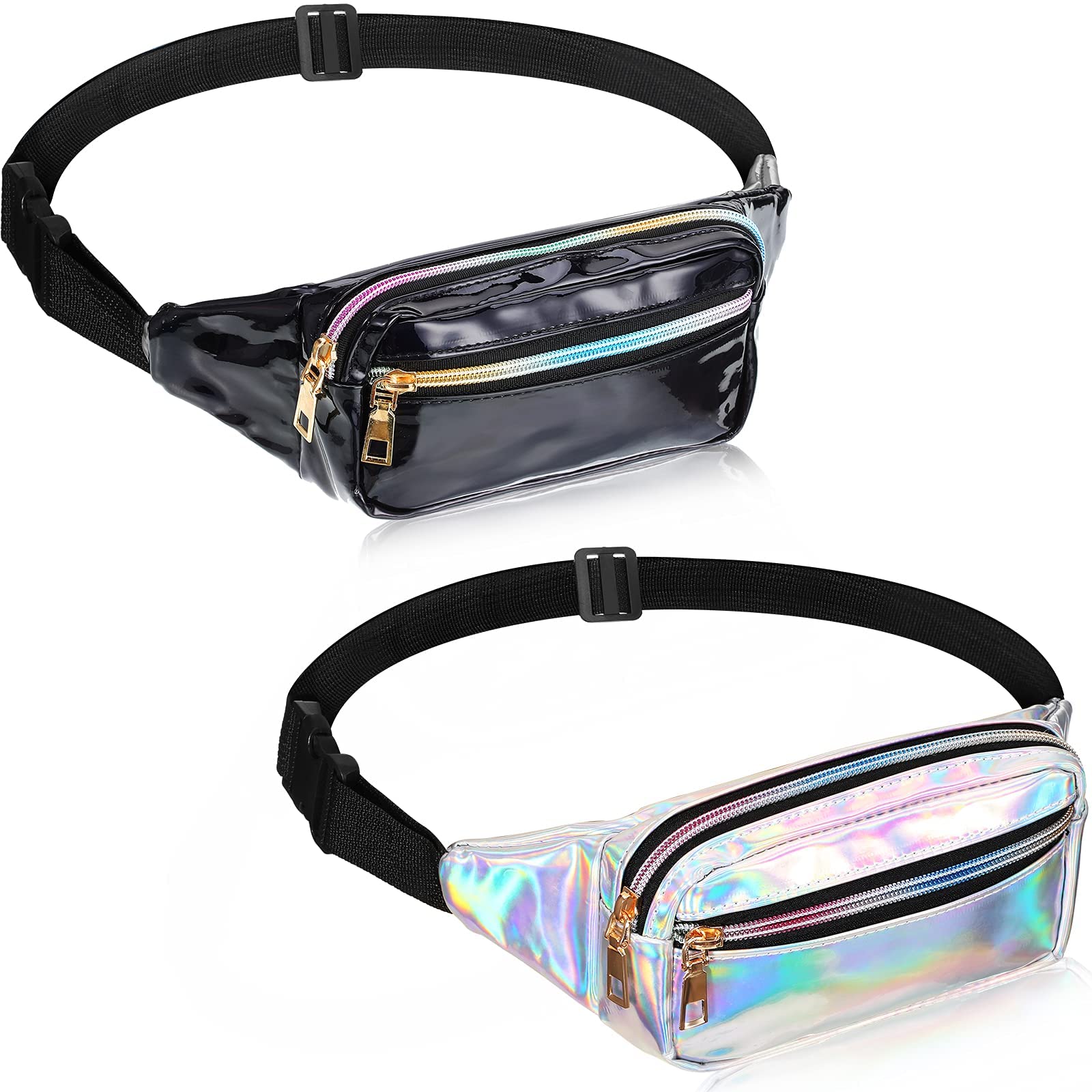 MAKINGTEC2-Piece Waist Packs: Shiny Holographic, Waterproof, Neon, Silver & Black