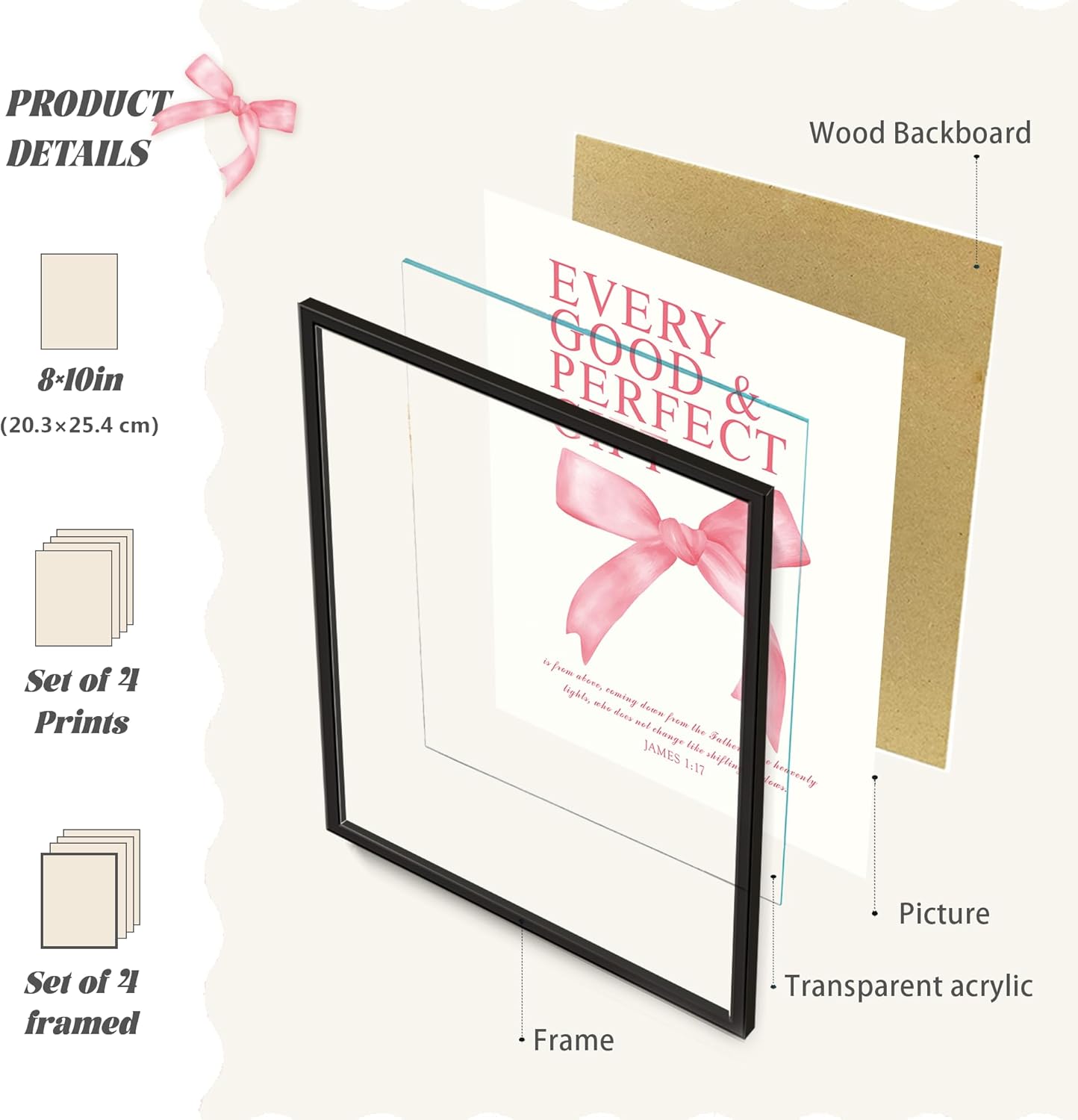 LARTSFRO Coquette Pink Bow Wall Art Decor Posters, Pink Bow Room Bedroom Bathroom Dorm Wall Art Decor Aesthetic for College Teen Girls Gifts, Inspirational Bible Verses Bow Wall Decor, 10x8 Inch Set of 4 Pcs Bow Pictures (BLACK FRAMED)