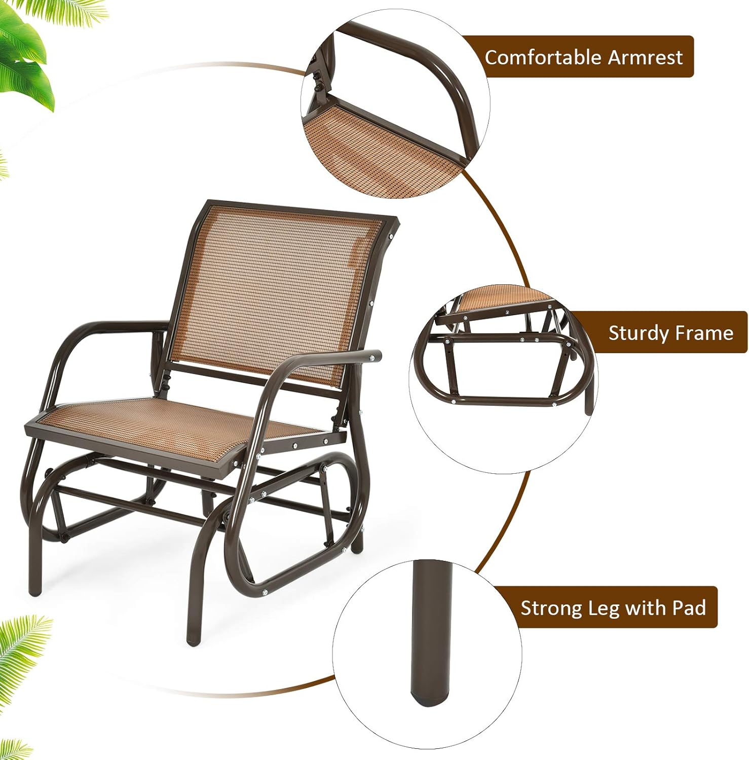 Giantex Swing Glider Chair W/Study Metal Frame Comfortable Patio Chair Love-Seat for Garden, Porch, Backyard, Poolside, Lawn Outdoor Rocking Chair (1, Brown)