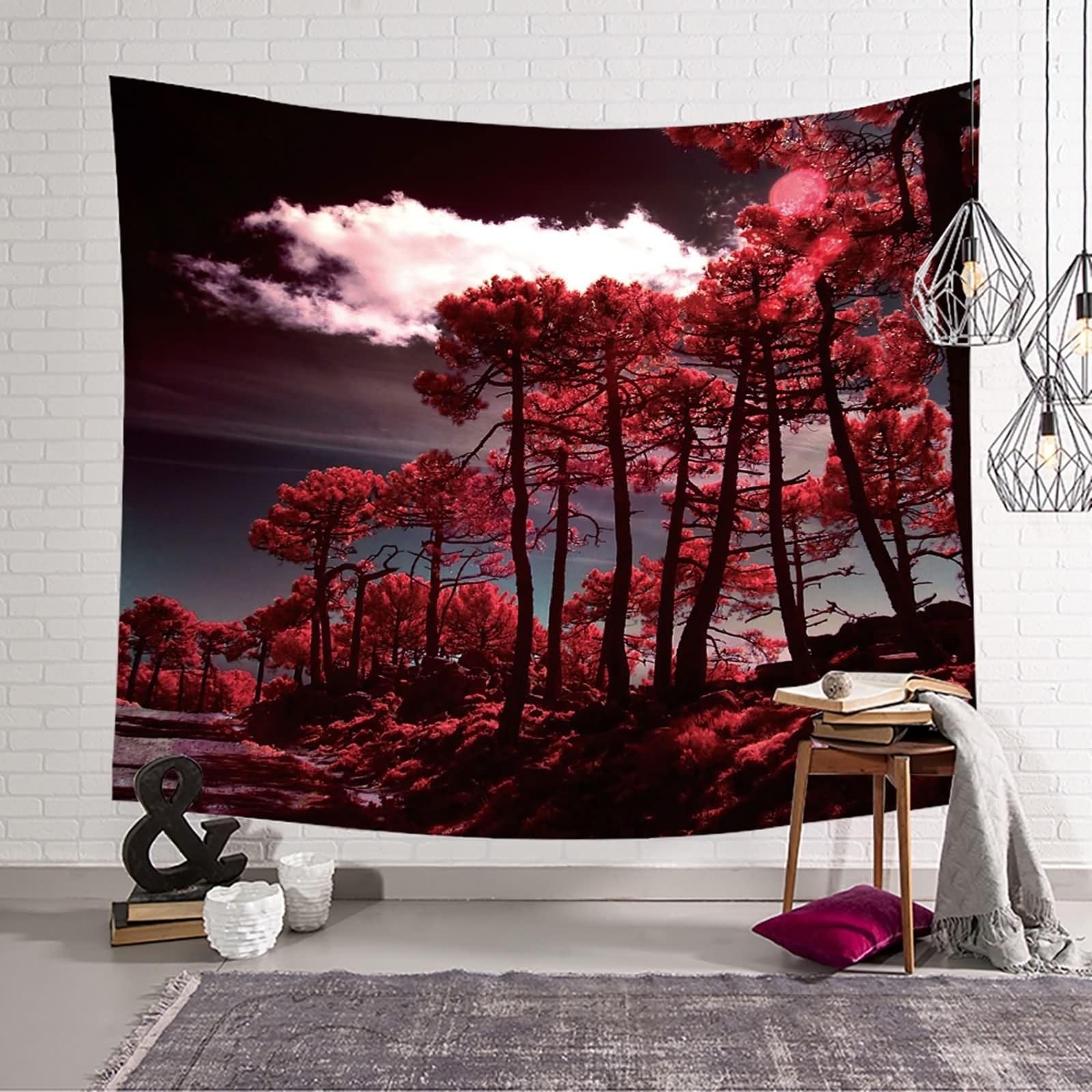 Aotiwe Zasłona ścienna w stylu boho, dywan ścienny do zawieszenia, drzewo z czerwonymi liśćmi, czarno-czerwona, 350 x 256 cm
