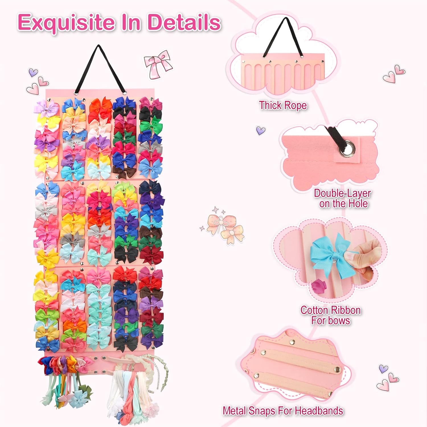 Hair Bows Holder & Organizer w/Extra Large Capacity, Head Bows Hanger, 27 Ribbons, Baby Hair Accessory Storage Display with Sturdy Rope, Wall Hanging for Girl Room