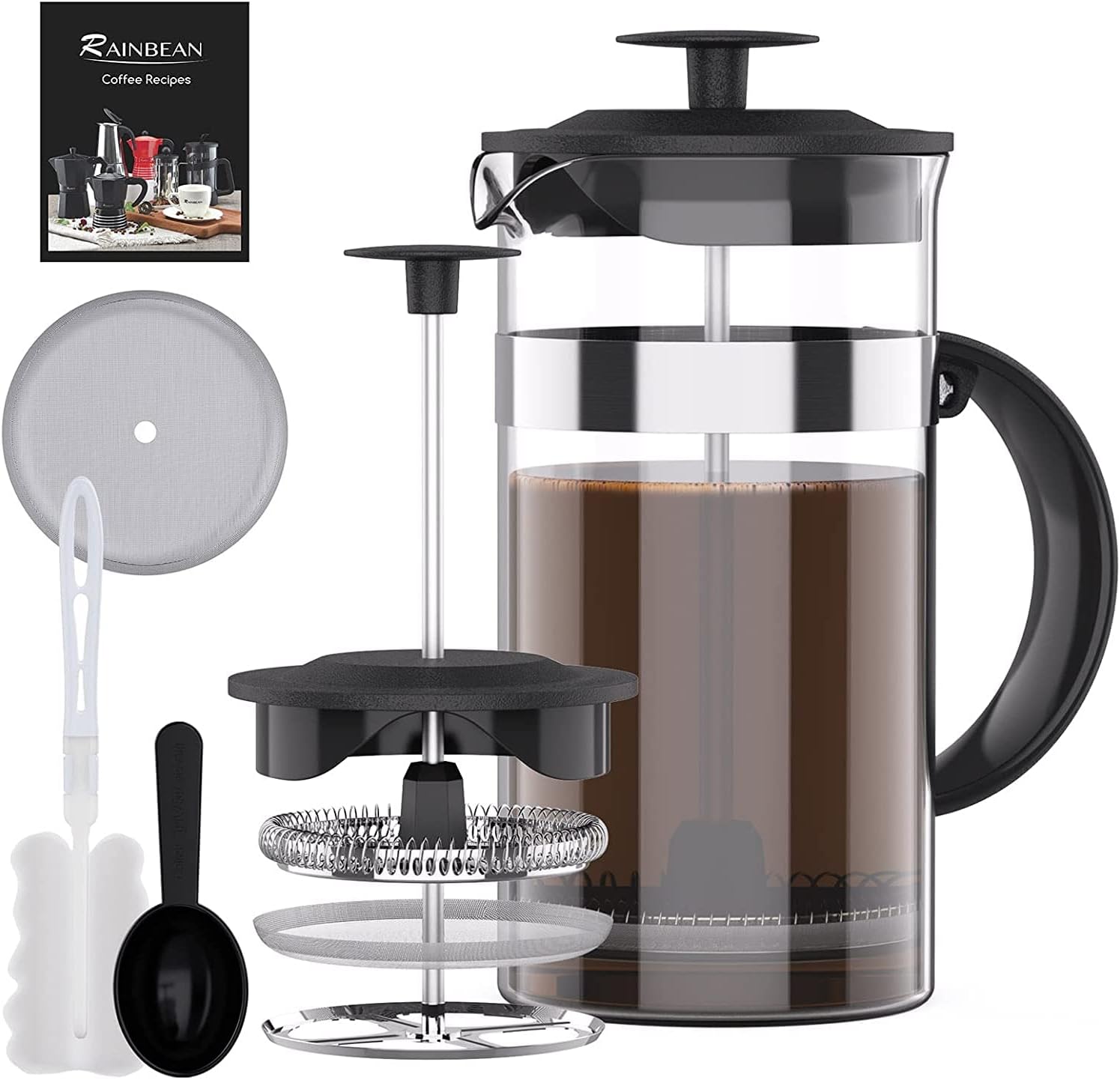 RAINBEAN Mini French Press Coffee Maker 1 Cup, 12 oz Small French Press 350 ml, Camping Coffee Press, Heat Cold Coffee Brewer with Spoon and Brush (Classic Style)