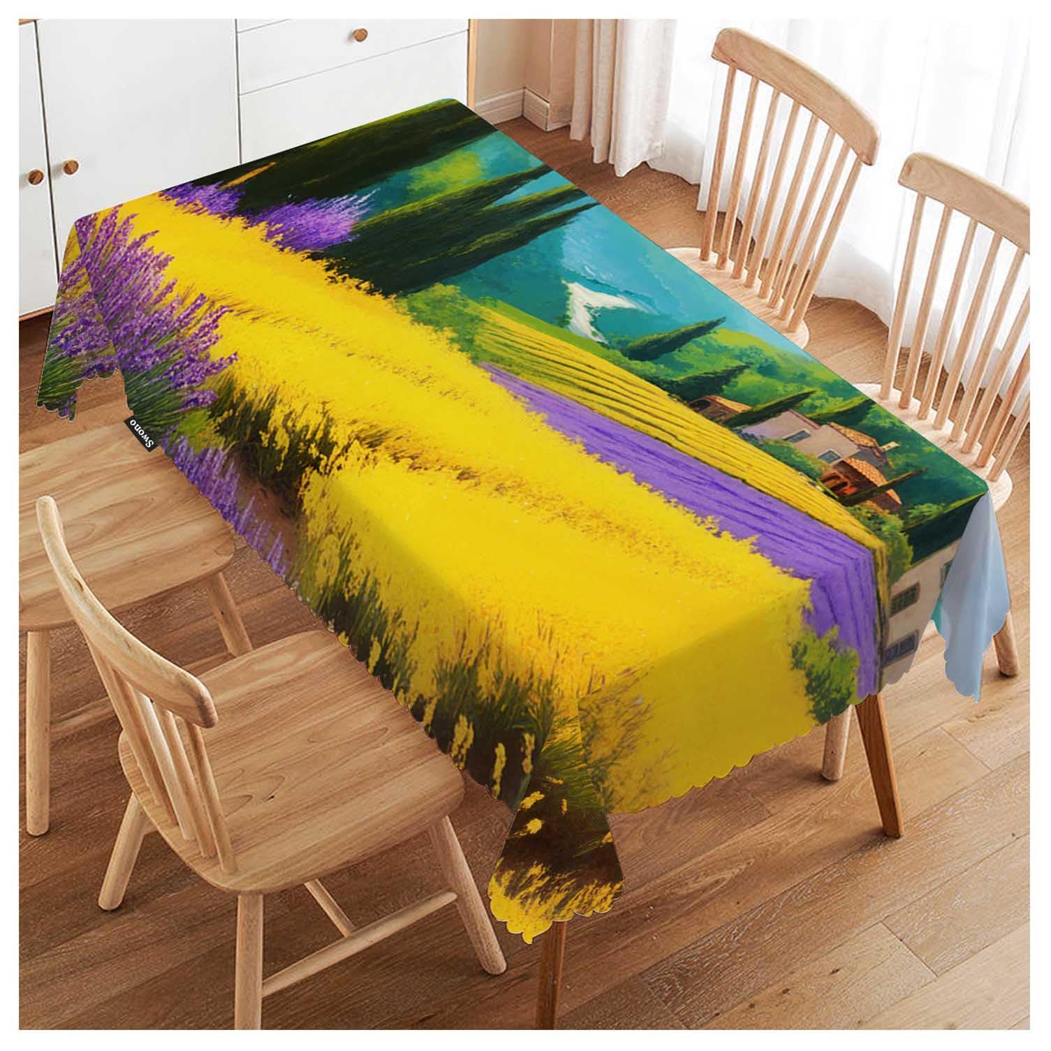 FJQWKLF Countryside Rectangle Tablecloth Rural Houses Rye Field Cypress Trees Mountains Table Cloth Dining Table Cover for Home Kitchen Restaurant Party Buffet Picnic, 52x70 Inch