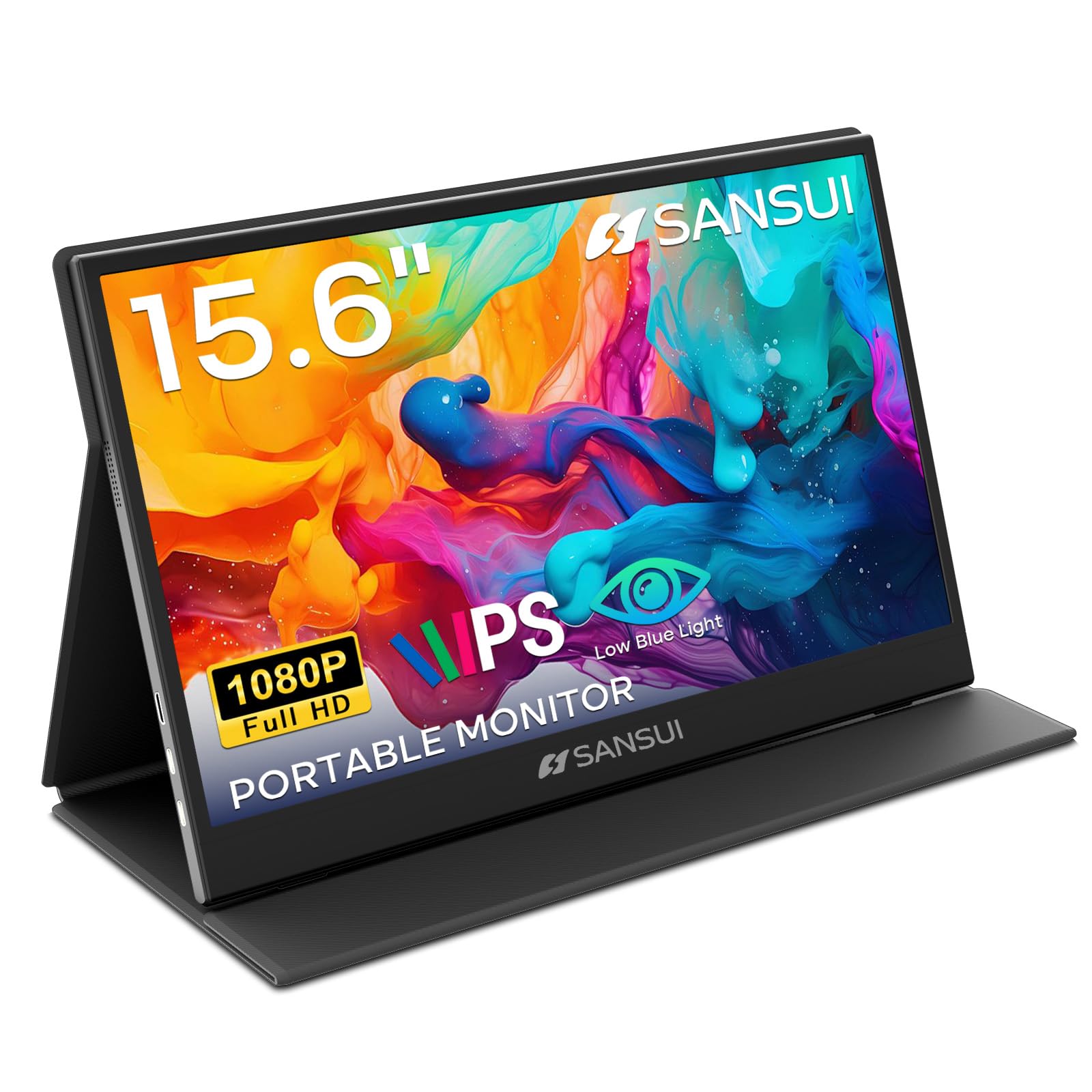 SANSUI Portable Monitor 15.6 Inch FHD 1080P Travel Monitor for Laptop, USB C HDMI Ultra-Thin IPS Computer Display with Speakers & PU Leather Stand Cover, for PC Mac mini Phone Switch Gaming