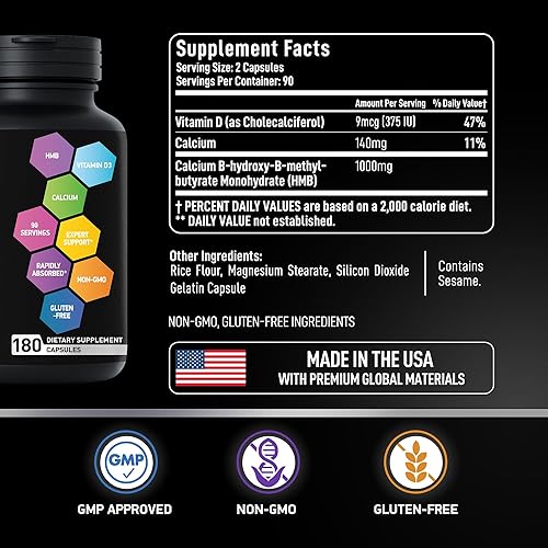 Miniatura 7 de Suplemento de HMB y vitamina D3  B-hidroxi b metilbutirato  1000 mg HMB suplementos con D3 y calcio  Fuerza y Recuperación, crecimiento muscular,