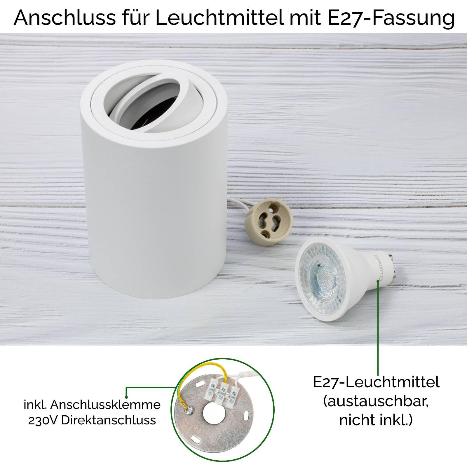 LUMILED Reflektor do zabudowy, natynkowa lampa sufitowa do zabudowy, okrągła, ruchoma15°, biała, reflektor punktowy z aluminium, oprawka GU10, 230 V, długość: 8,5 cm, wysokość: 11,5