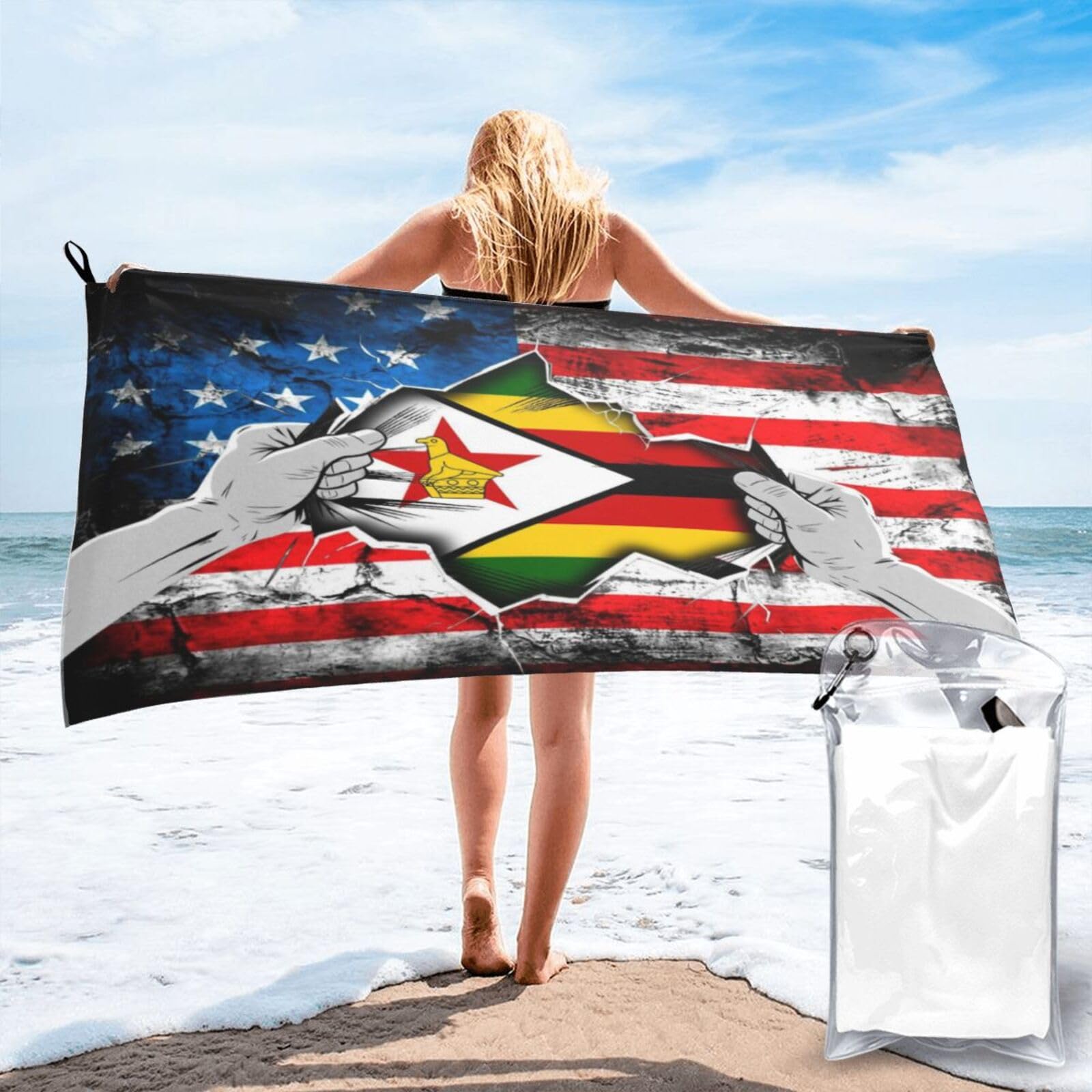HACXZ American and Zimbabwe Flag Vintage Beach Towel Lightweight Absorbent Beach Towel Microfiber 31.5"X63"